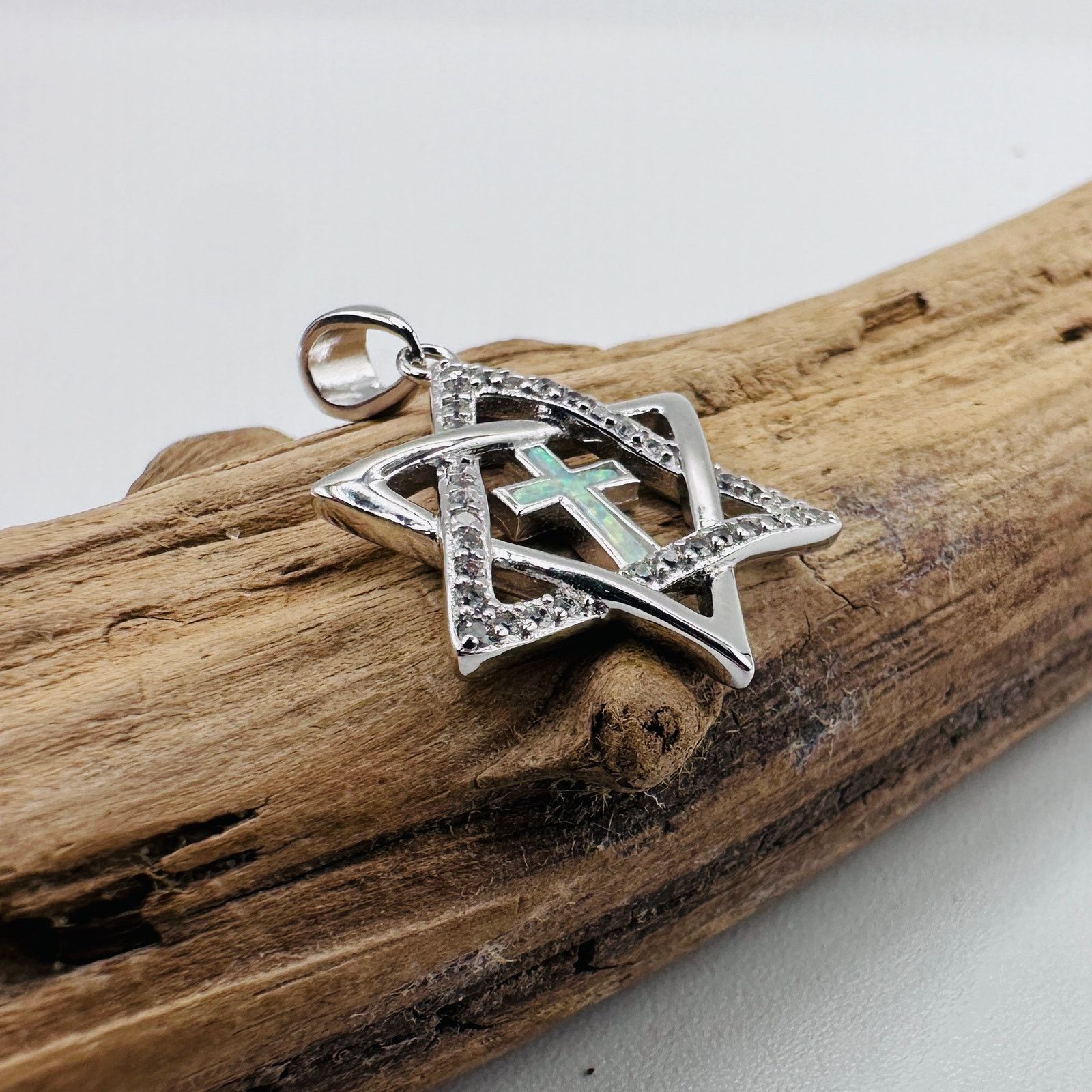 The Unbranded Brand Sterling Silver Star of David Lab Opal Cross CZ Pendant Size ONE SIZE - 3 Thumbnail