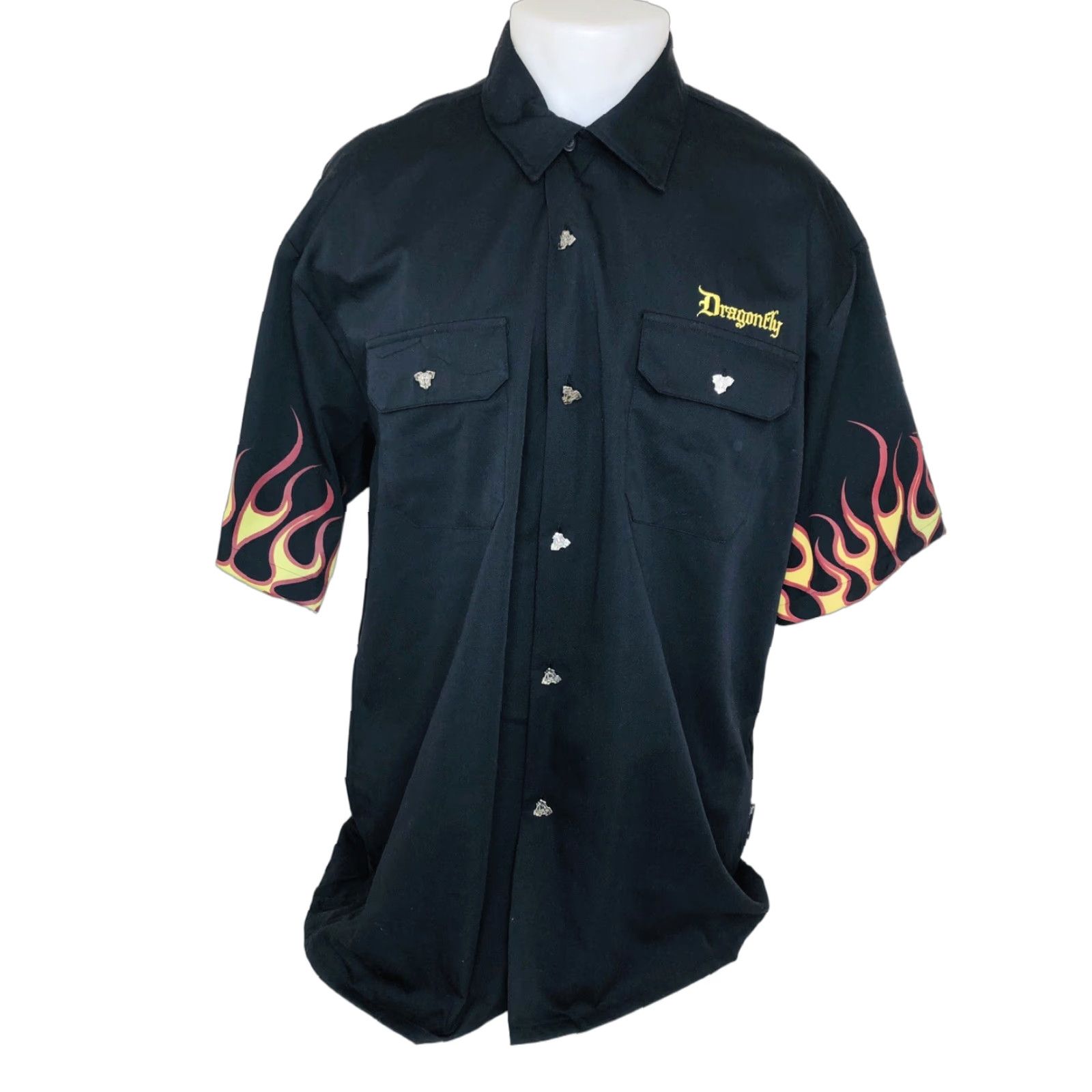 Vintage DRAGONFLY MOTORCYCLE ENGINE METAL BUTTON / FLAMES & GIRL Shirt XXL Black Men's Short Sleeve Button-Up 2XL Moto Pin-Up Dragonfly Shirt Size US XXL / EU 58 / 5 - 1 Thumbnail