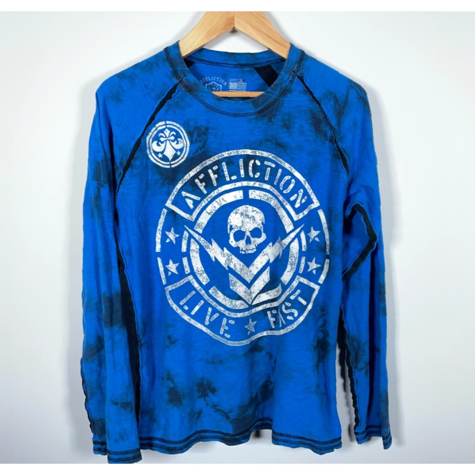 Affliction VINTAGE Affliction T-Shirt Mens Medium Blue Long Sleeve Graphic Print Skull Rock Tribal Double-Sided Raw Edges Y2K USA Made Size US M / EU 48-50 / 2 - 2 Thumbnail
