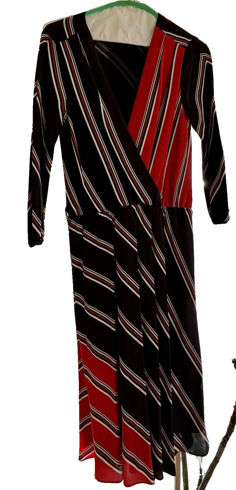 Other WHBM 100% Silk Faux Wrap Dress Red Black Stripe Long Sleeve Size S / US 4 / IT 40 - 4 Thumbnail