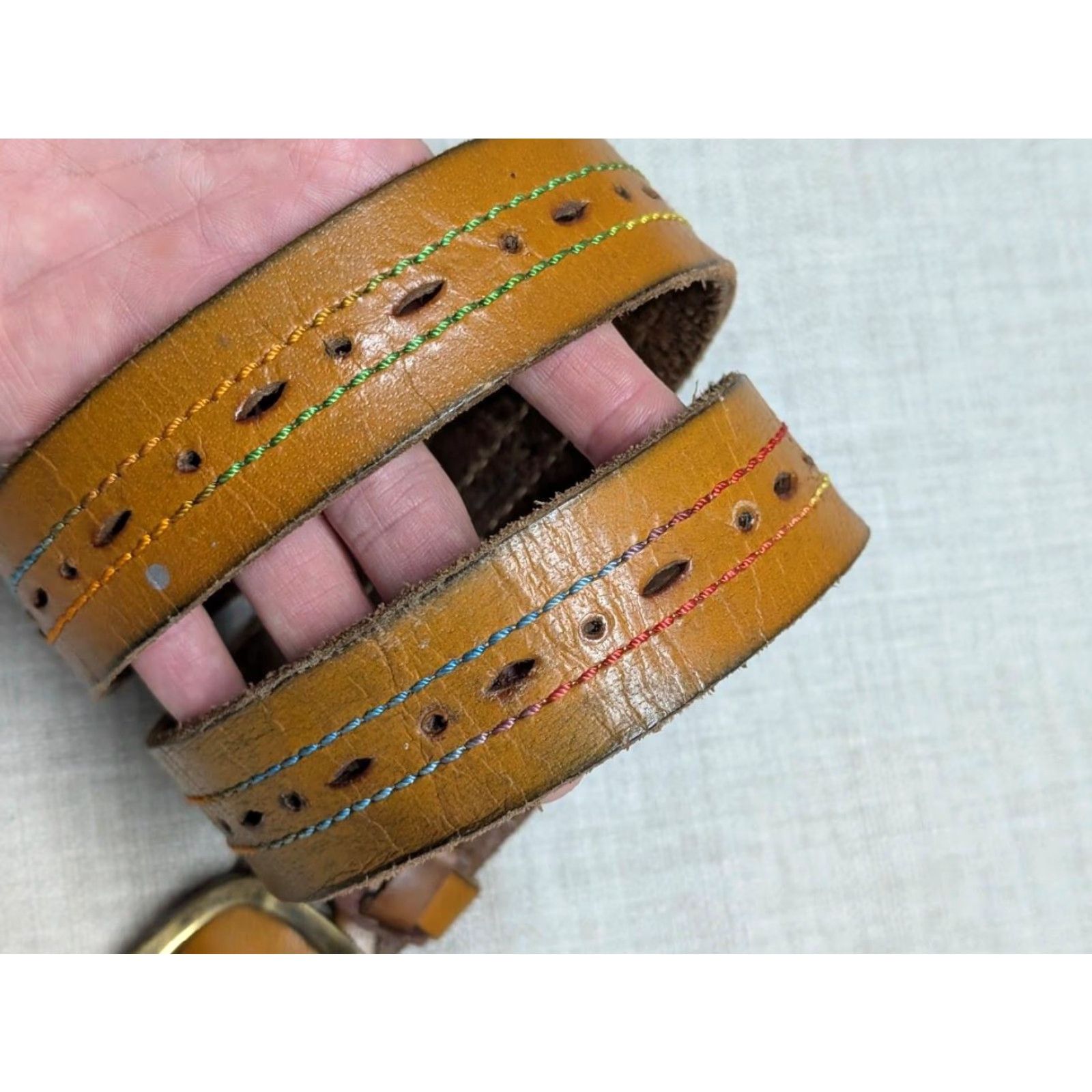 Vintage VINTAGE western belt belt 36 brown COWHIDE leather STITCHED studded RODEO Size 36 - 2 Thumbnail