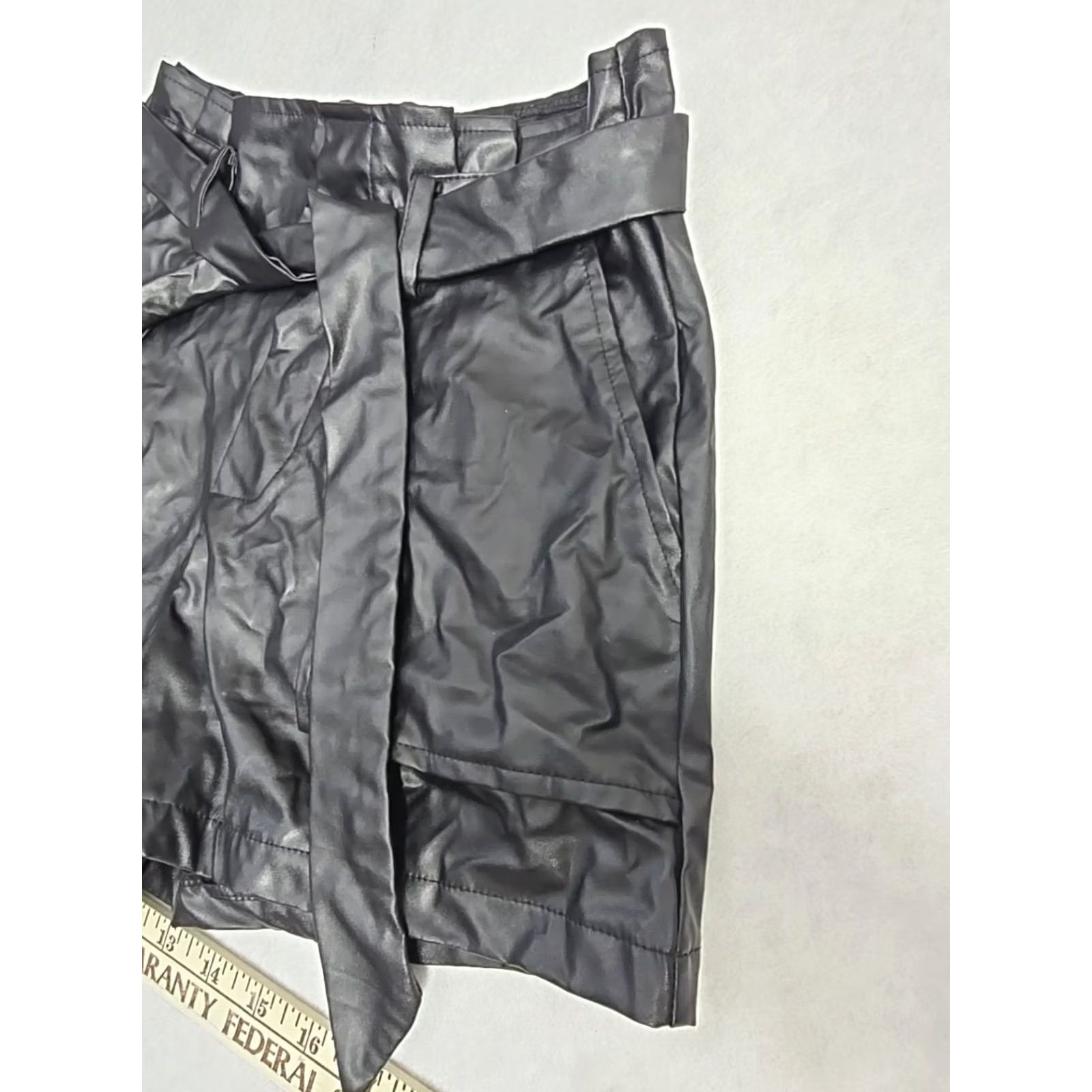 Shein SheIn Faux Leather Belted Shorts Black High Rise Size Small Slashed Pocket Paperbag Casual Women, 90s Theme Size 28" / US 6 / IT 42 - 5 Thumbnail