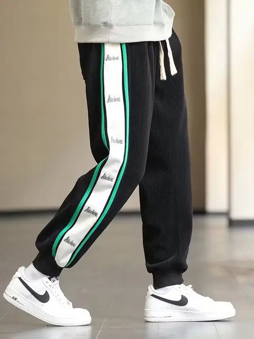 image of Corduroy Sweatpants Men Baggy Joggers in Black (Size 33)