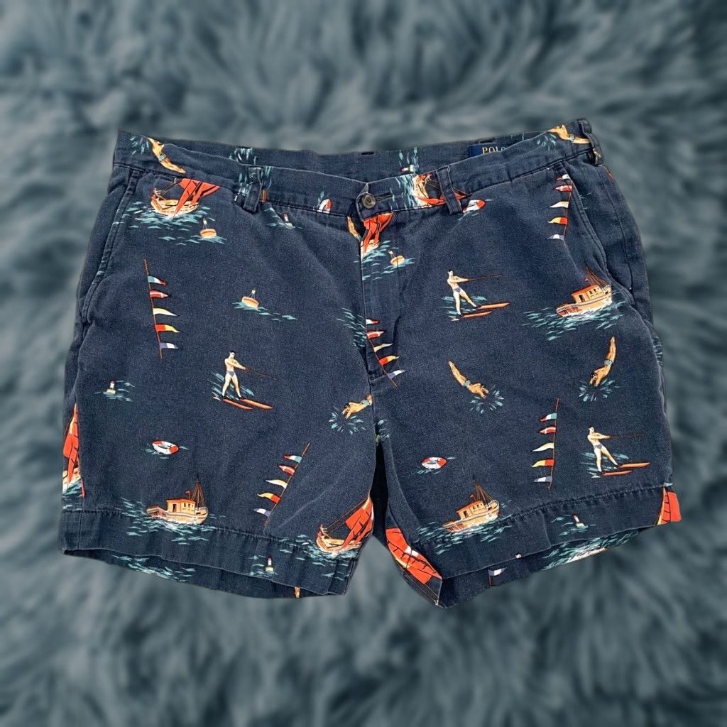 Vintage Polo Ralph Lauren Shorts Mens 38 Cotton Linen Geometric Casual Water Skiing Surfing