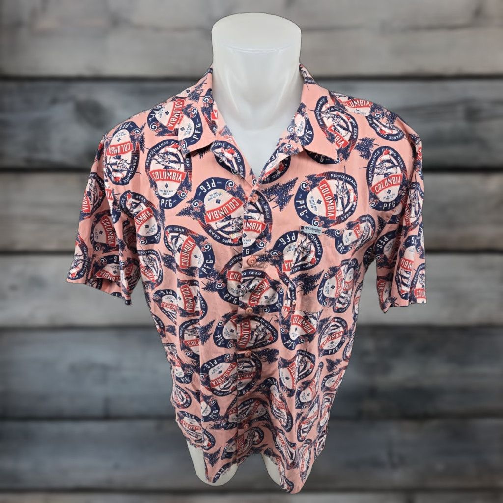 Gloverall Columbia Vented Shirt Mens XL PFG Fishing Short Sleeve Pink All Over Print Logo Size US XL / EU 56 / 4 - 1 Thumbnail
