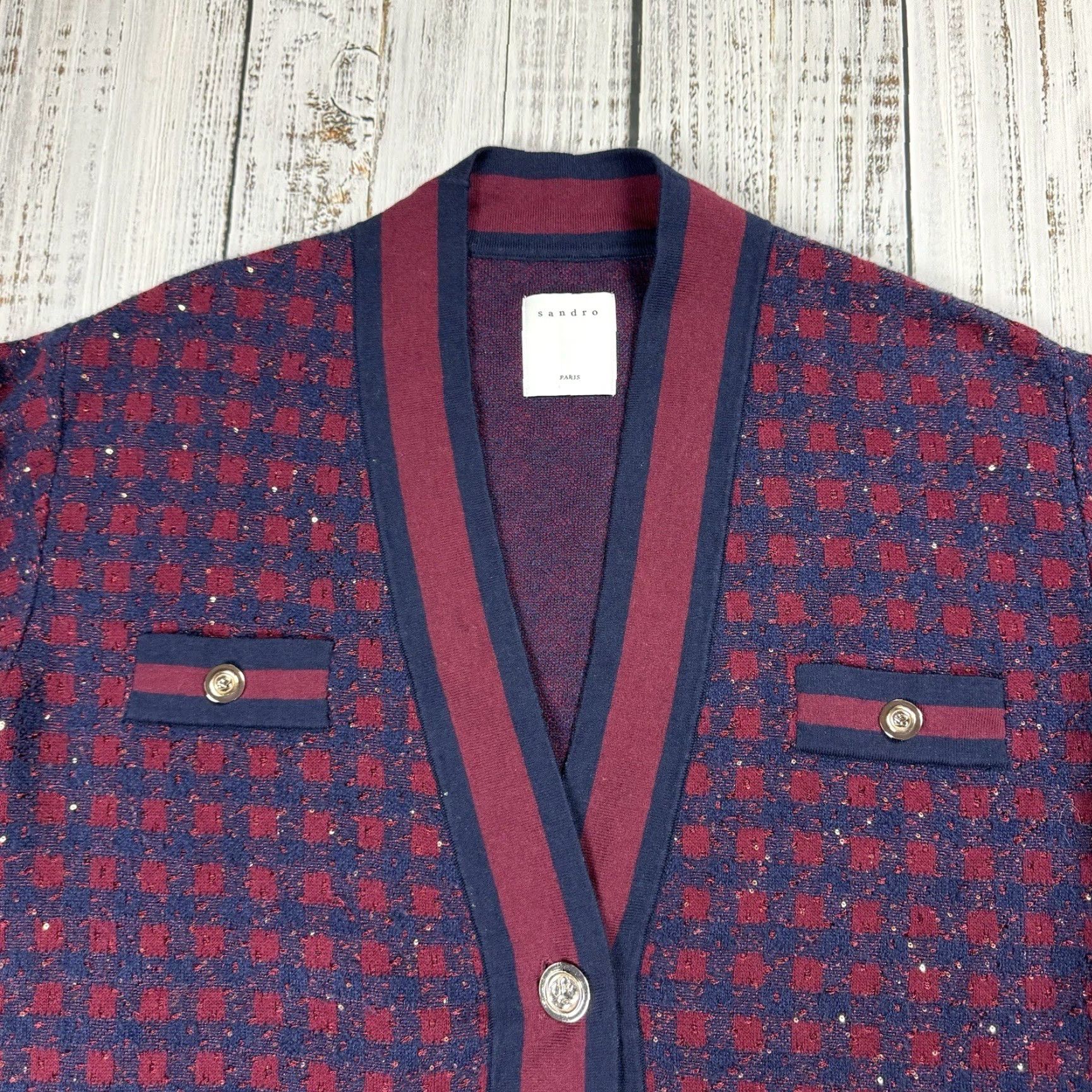Sandro Sandro Cardigan WOMENS V-NECK CHECKED W/SEQUINS MARINE BORDEAUX PREPPY Size ONE SIZE - 2 Thumbnail