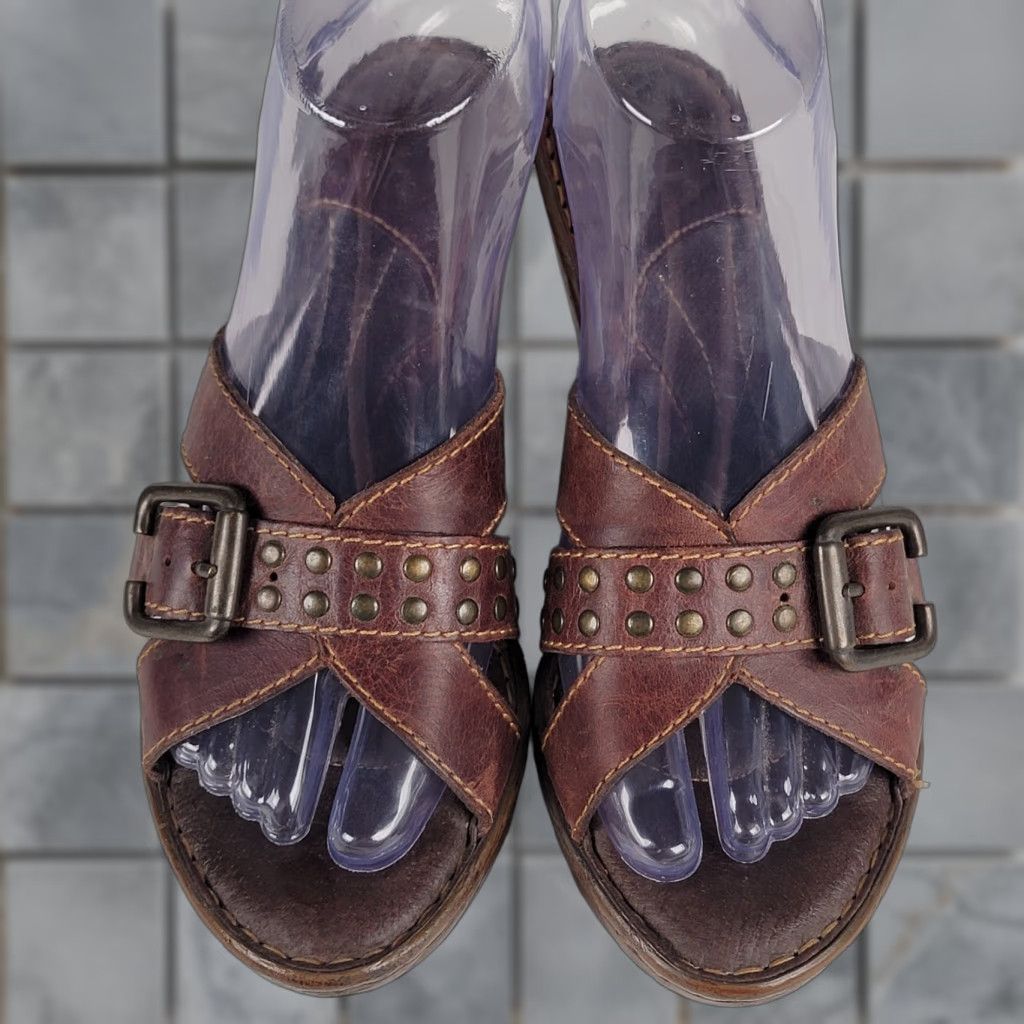 Born Brown Leather Criss Cross Studs Buckle Wedge Slide Sandals 38/ 7 US