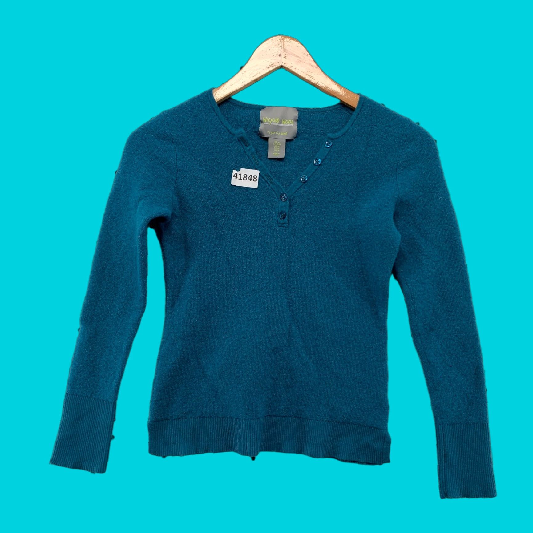 Vintage Wicked Wool Henley Top Shirt Womens Medium Teal Long Sleeve Wool Knit Size M / US 6-8 / IT 42-44 - 1 Thumbnail