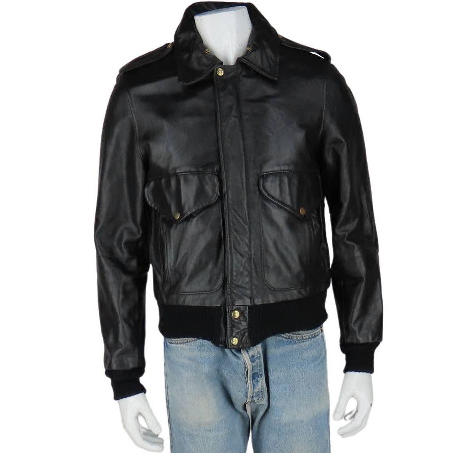 image of Vintage Lesco Motorcycle Bomber Military Leather Jacket in Black, Men's (Size Small)