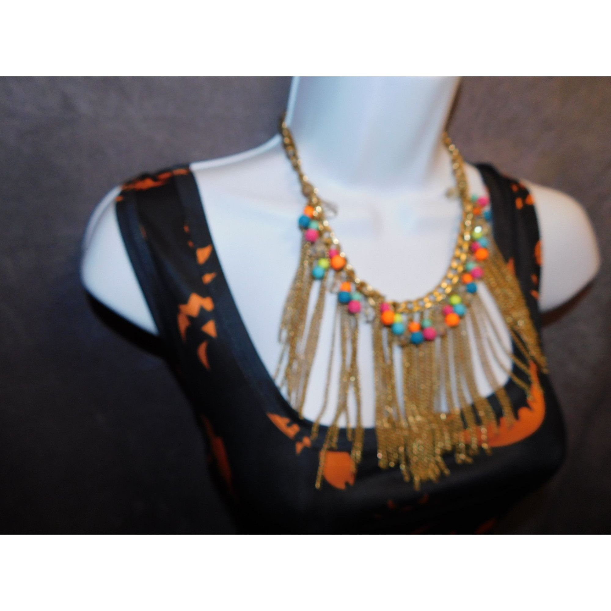 Other Neon 80s Beaded Gold Tone Chain Fringe Necklace Size ONE SIZE - 5 Thumbnail