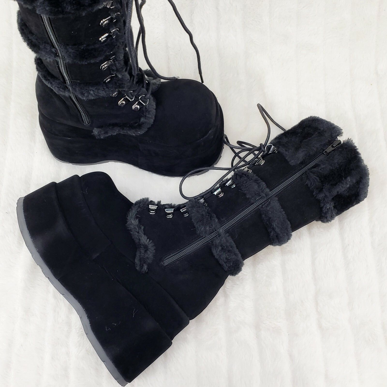 Other Bear 202 Black Faux Fur / Suede Platform Goth Punk Calf Boot Size US 10 / IT 40 - 4 Thumbnail
