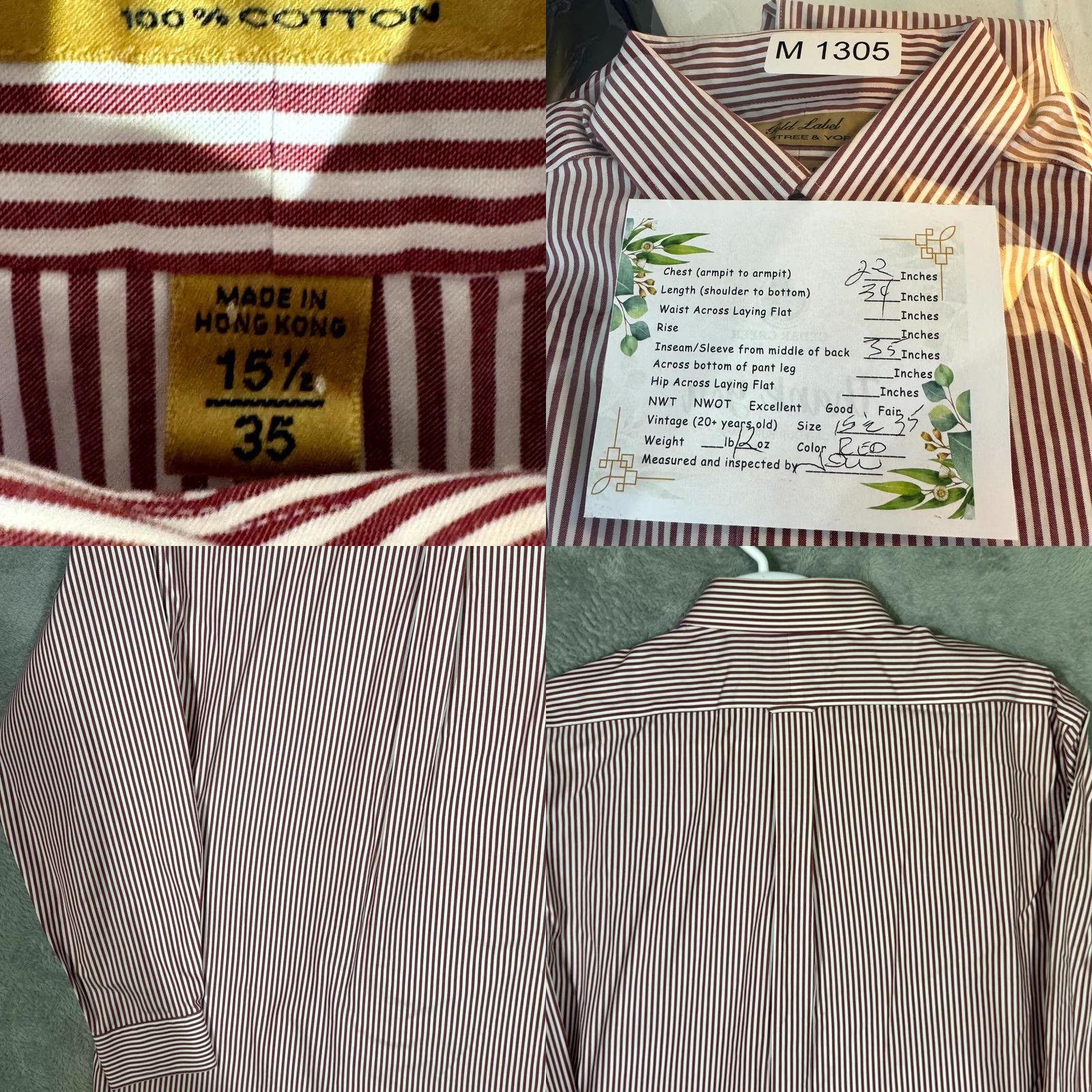 Vintage Gold Label Dress Shirt 15.5/35 Red Striped 100% Cotton Long Sleeve Men’s Shirt Casual Formal Mens Size 42R - 8 Thumbnail