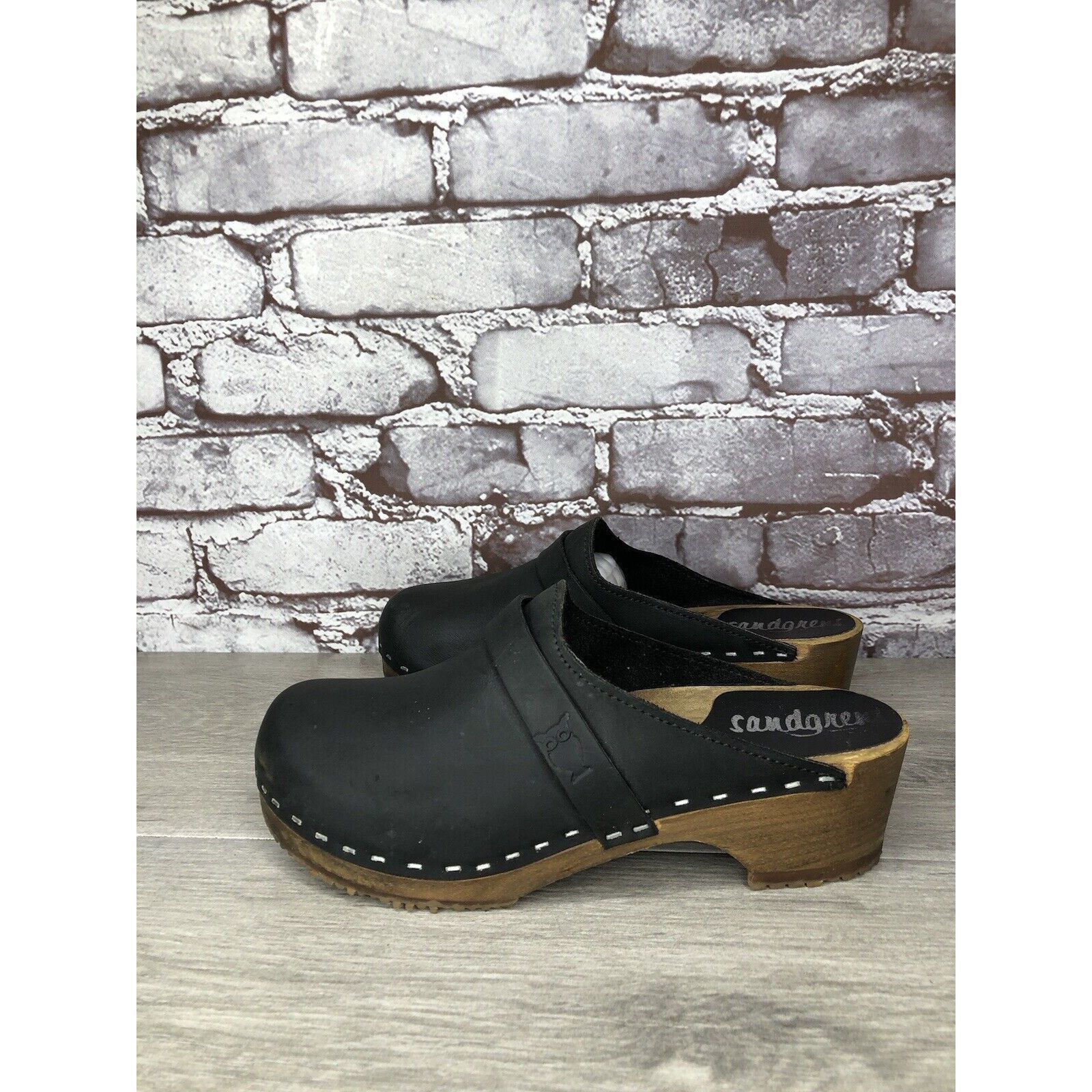 Other Sandgrens Handmade Swedish Black Nubuck Leather Wood Clogs W Size US 6 / IT 36 - 8 Thumbnail