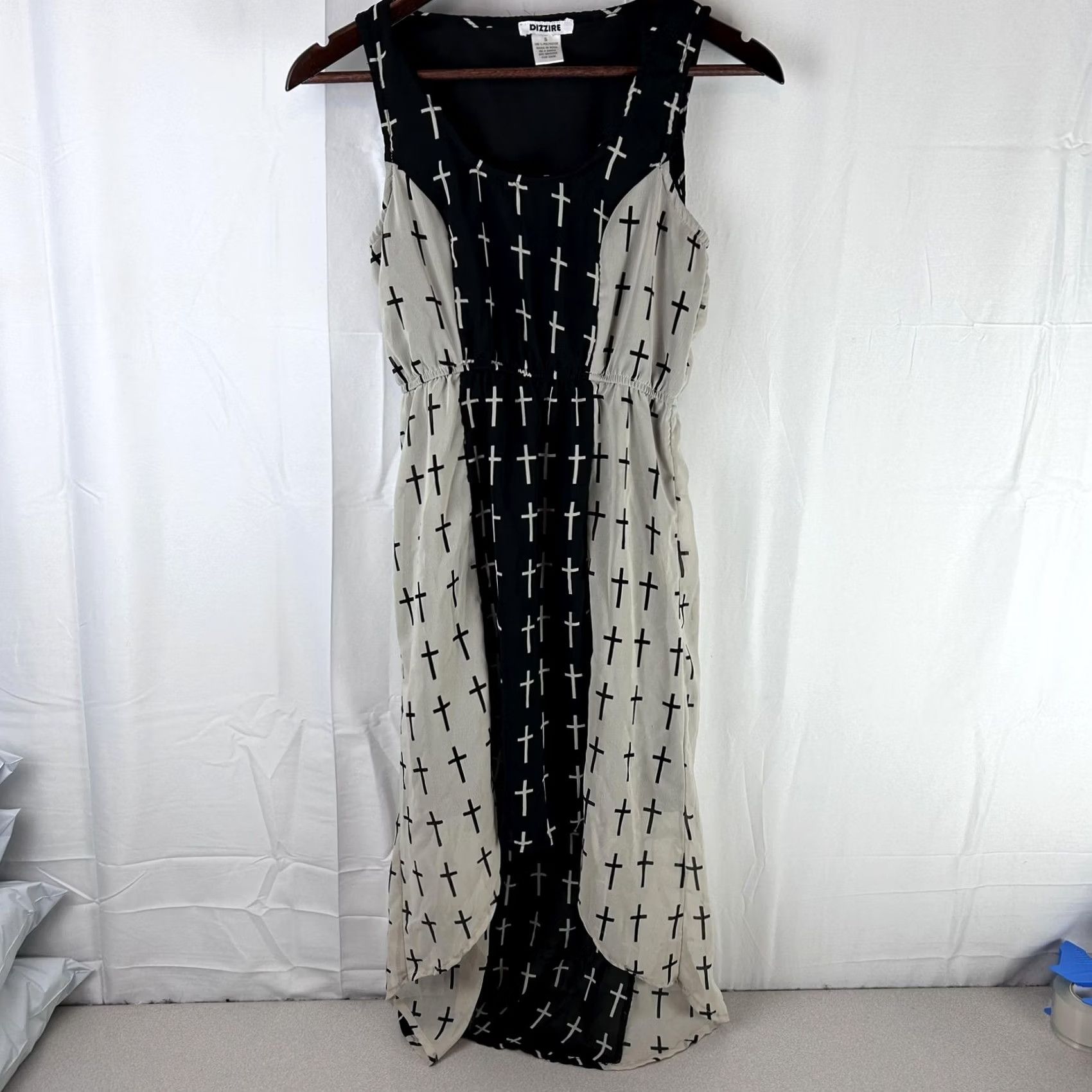 Vintage Dizzire Grunge Maxi Tank Dress - Womens Small Black Beige Sleeveless .Graphic, Casual Wear Size S / US 4 / IT 40 - 2 Thumbnail