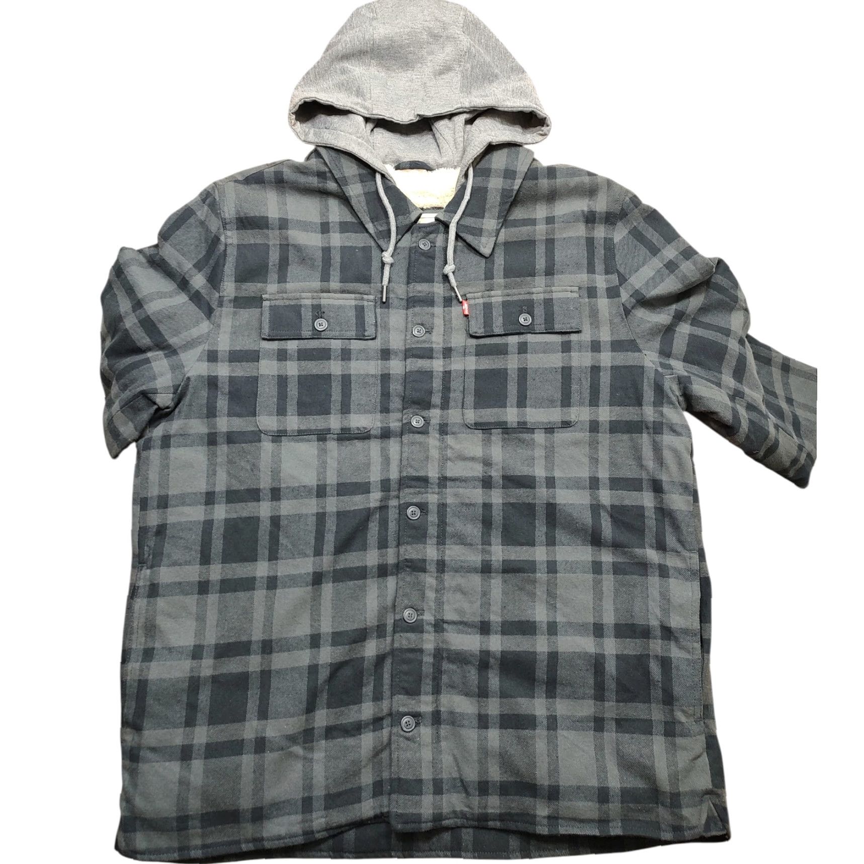 Levi's NWT Levi's Hooded Shacket Gray Plaid Cotton Sherpa Lined Full Zip Jacket Mens Large Regular Fit Size US L / EU 52-54 / 3 - 3 Thumbnail