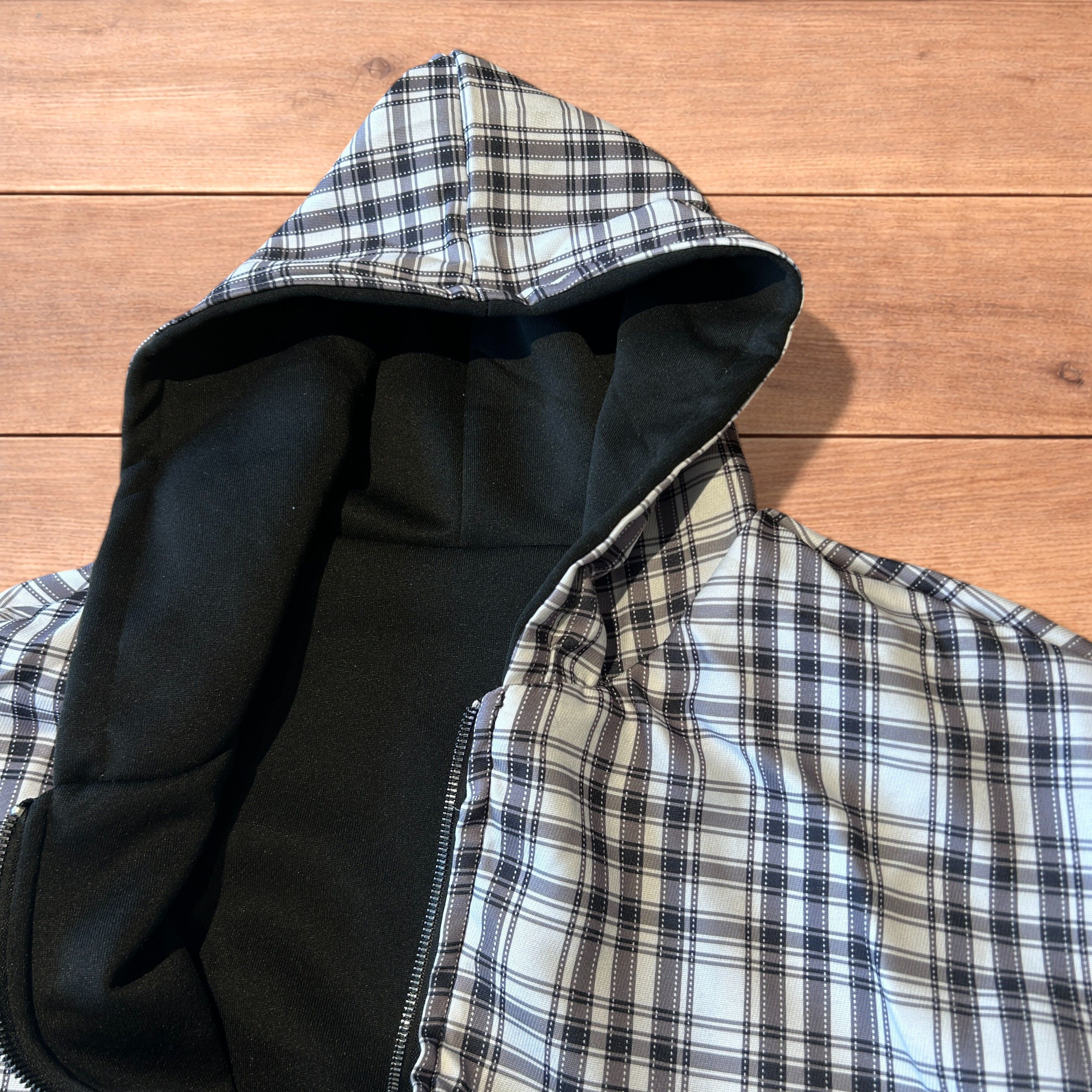 Japanese Brand Oversized baggy reversible zip up hoodie in checkered black. Size US L / EU 52-54 / 3 - 6 Thumbnail