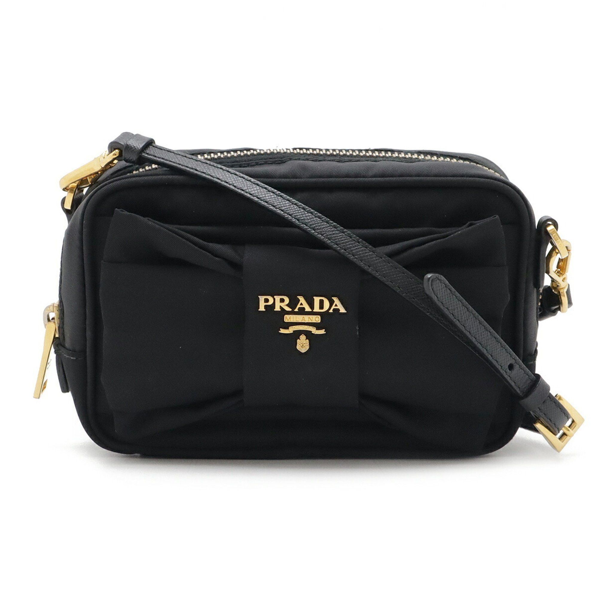 Prada Ribbon Shoulder Bag Pochette Pouch Nylon Leather Nero Black 1N1727, Women's
