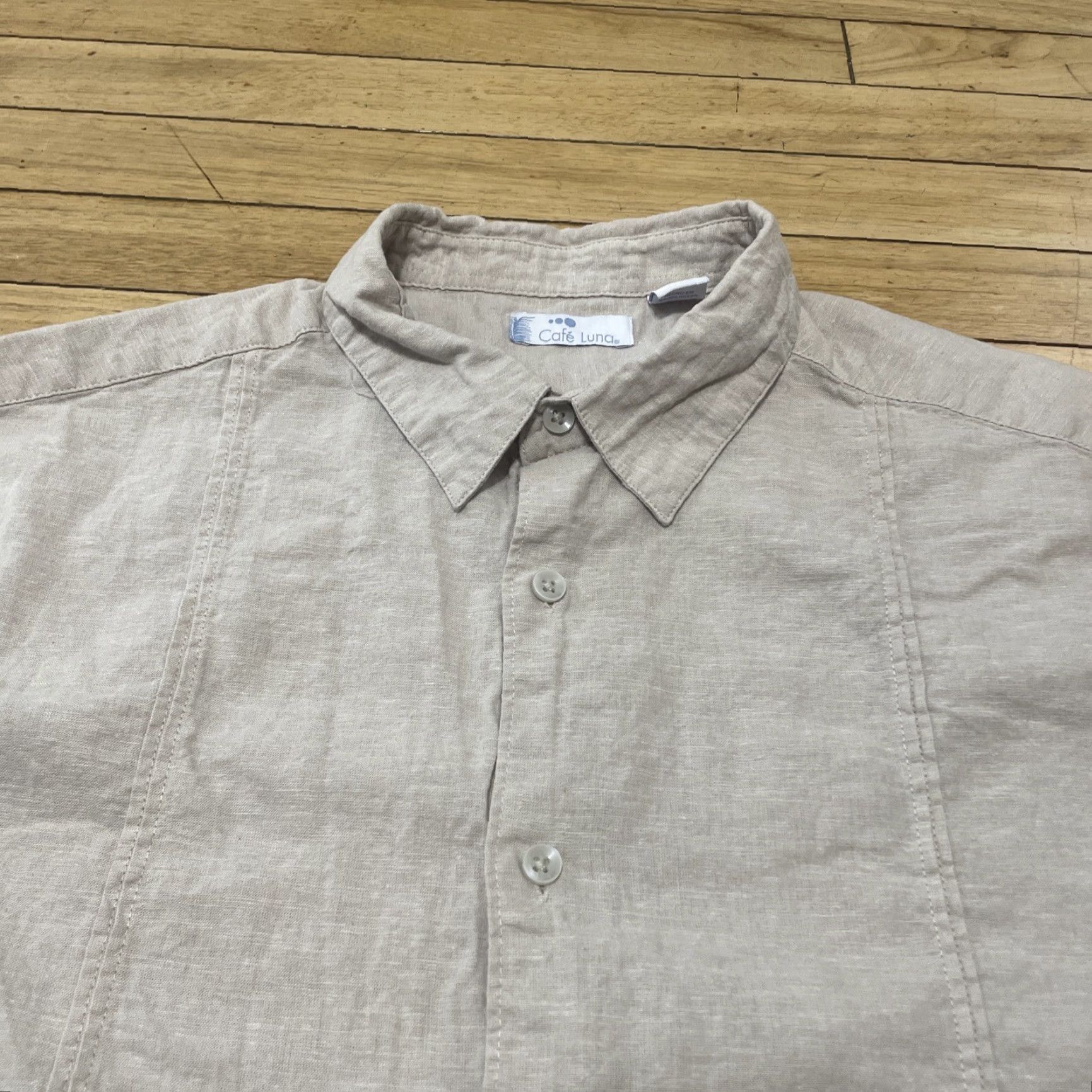 Vintage Cafe Luna Linen Button Shirt Men L Pleated Western Sand Tan Gray 44" Shirt Mens Size US L / EU 52-54 / 3 - 4 Thumbnail