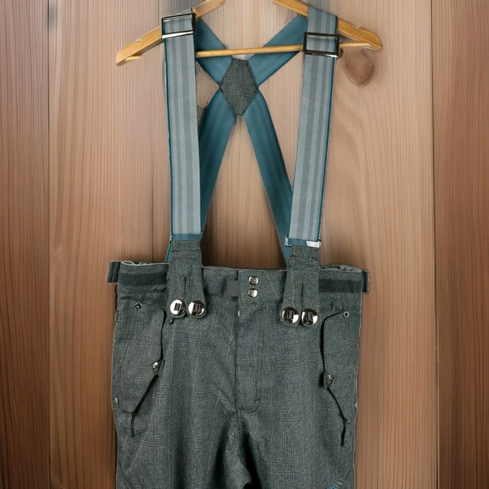 686 686 Gray Plaid Cargo Logo Ski Pants With Suspenders Men L Size US 34 / EU 50 - 1 Thumbnail
