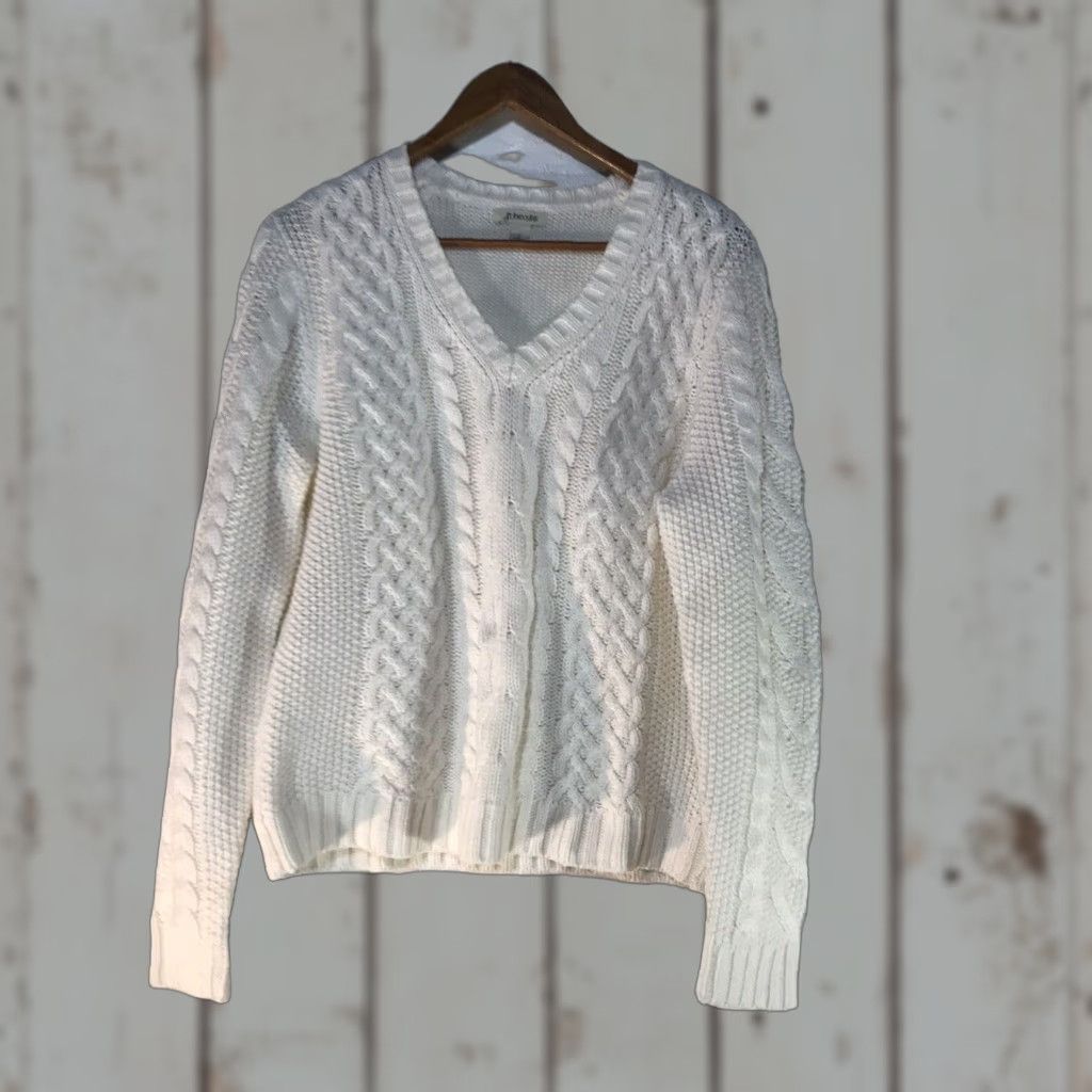 Vintage St. John's Bay Womens Sweater Pullover V-Neck Cable Knit Acrylic Ivory Size L Fall Winter Classic Size L / US 10 / IT 46 - 1 Thumbnail