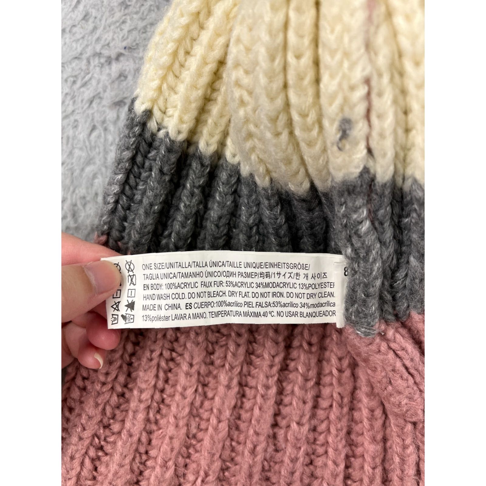 Pinko Unbranded Beanie Toque Womens One Size Pink Gray Ivory Knit 100% Acrylic Faux Fur Pom Size ONE SIZE - 6 Thumbnail