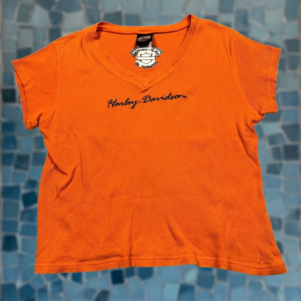 Harley Davidson VINTAGE Harley Davidson Shirt Women XL Embroidered Ribbed Short Sleeve 90s Biker Cars Orange Womens XL Embroidered Shirt Size XL / US 12-14 / IT 48-50 - 1 Thumbnail