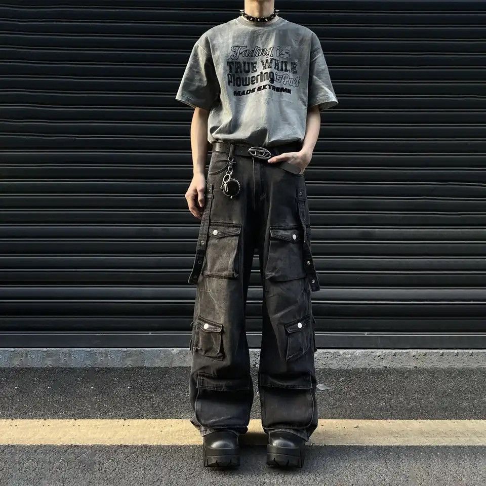 Black Cargo Jeans Men Baggy Multi-pocket Wide Leg Streetwear