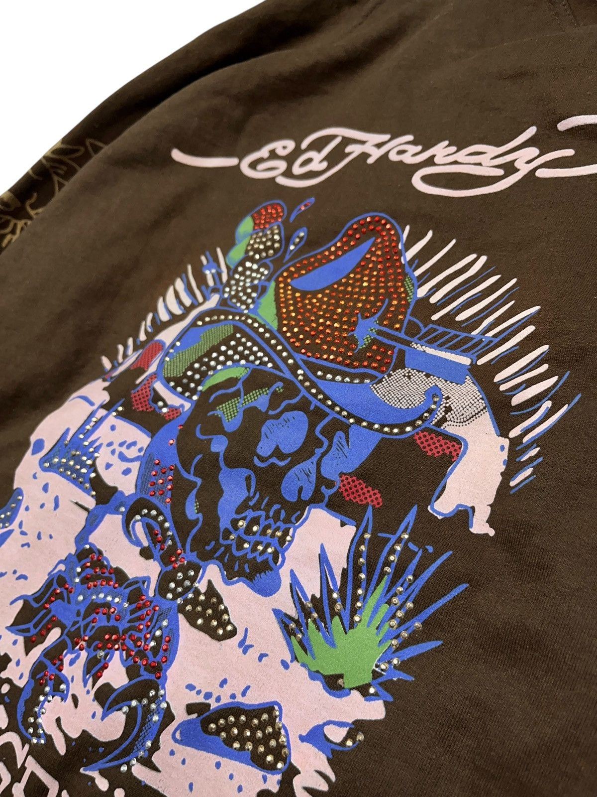 Christian Audigier × Ed Hardy × Vintage Vintage y2k Ed Hardy Brown Zip Hoodie with Rhinestones Size S / US 4 / IT 40 - 8 Thumbnail
