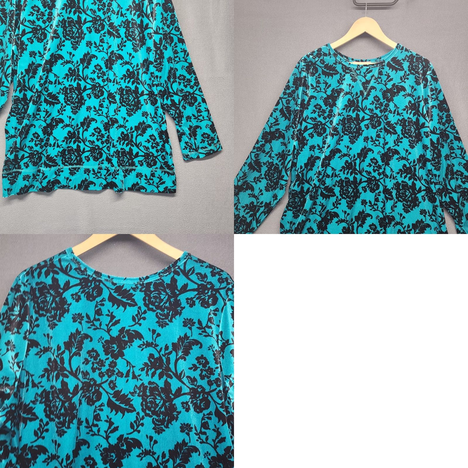 Vintage Woman Within Top 1X Turquoise Black Floral Crushed Velvet Long Sleeve Stretch Blouse Womens Size XL / US 12-14 / IT 48-50 - 8 Thumbnail