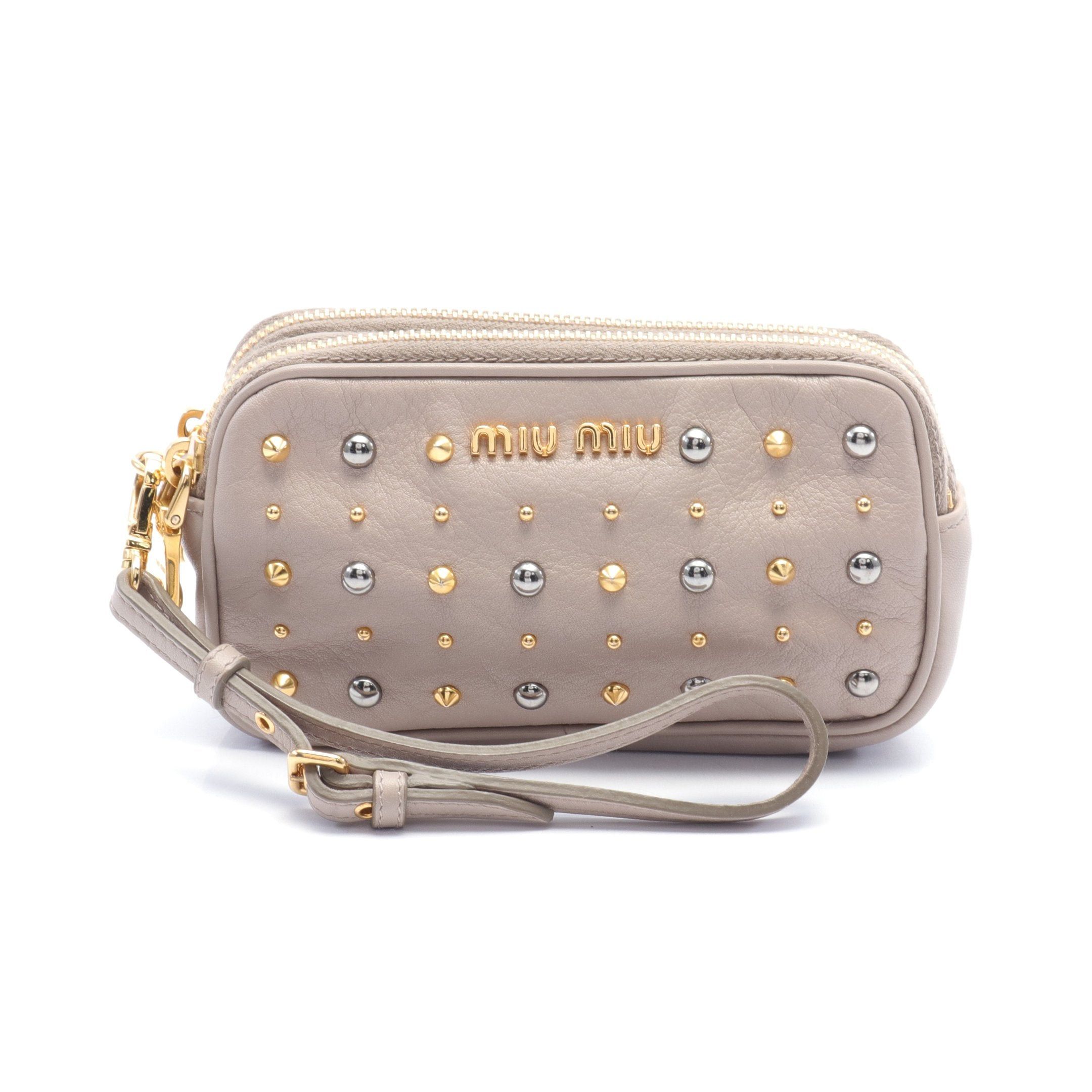 Miu Miu Pouch Leather Gray Beige Studs