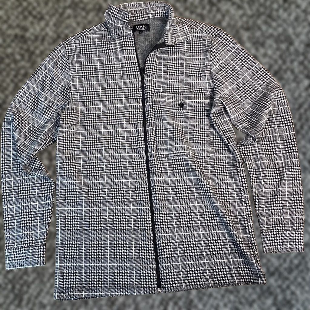 Vintage BoohooMAN Shirt Mens Medium Plaid Zip-Up Collared Shirt Jacket Black White Size US M / EU 48-50 / 2 - 1 Thumbnail