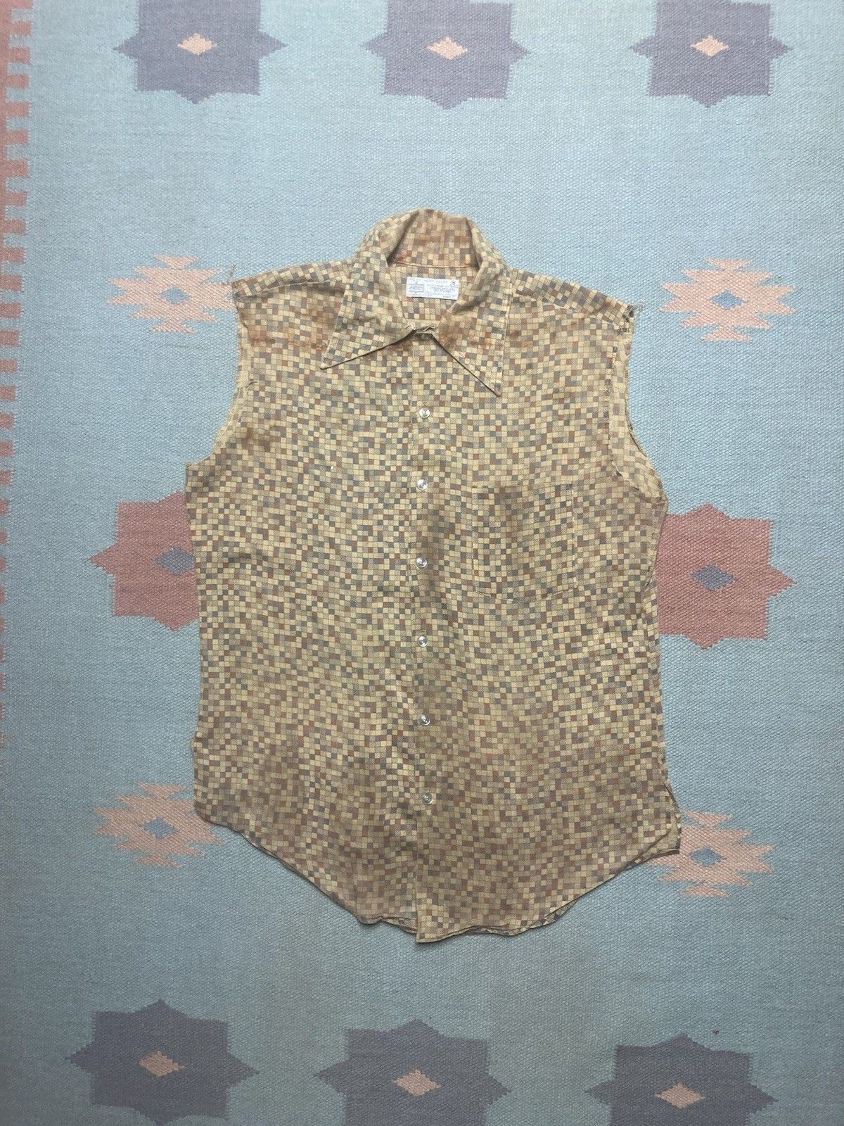 Vintage 70s sleeveless button shirt Kmart distressed thin checker M Size US M / EU 48-50 / 2 - 1 Thumbnail