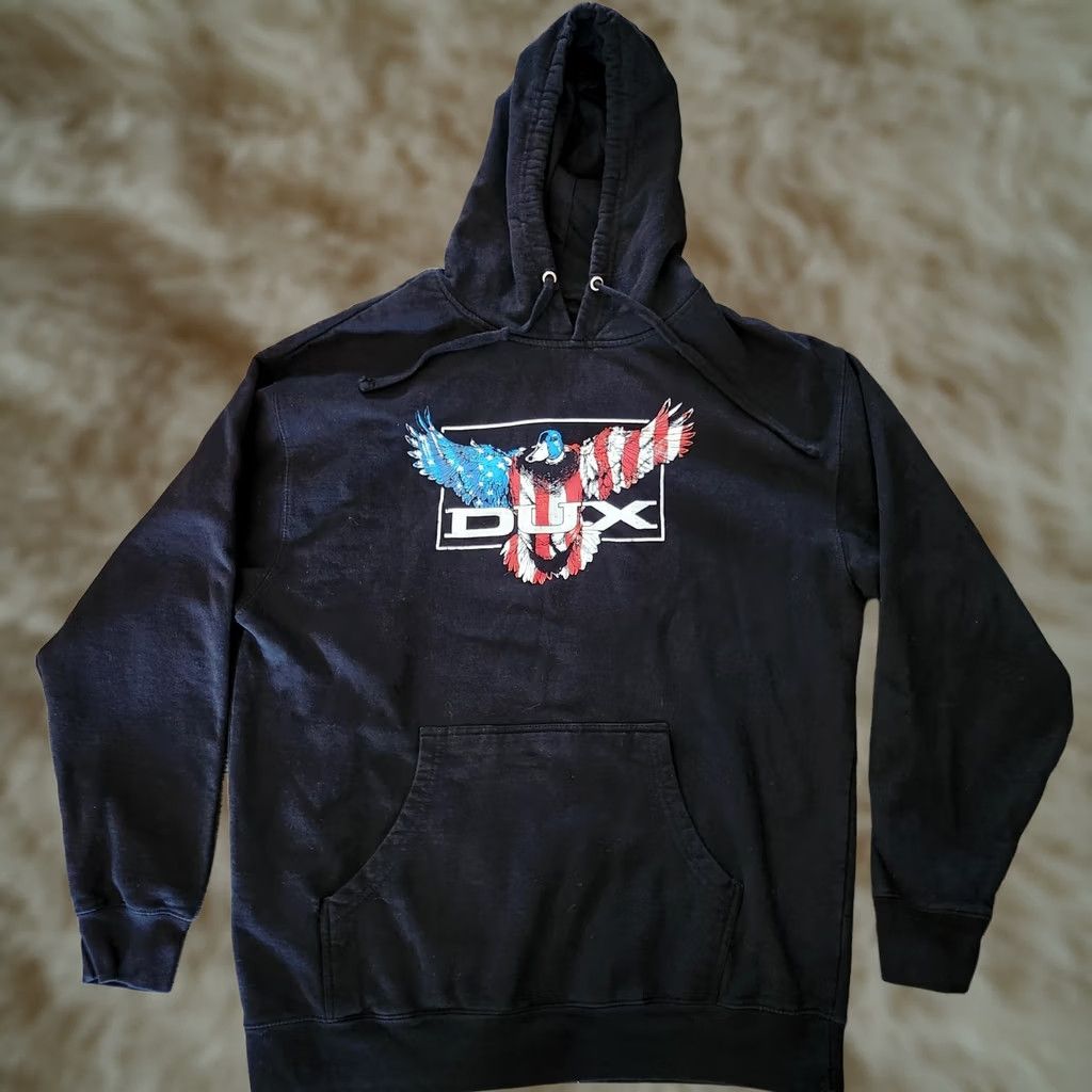 Vintage Dux Waterfowl Co Hoodie Mens Large Black Mallard Flying USA American Flag Shirt Size US L / EU 52-54 / 3 - 1 Thumbnail