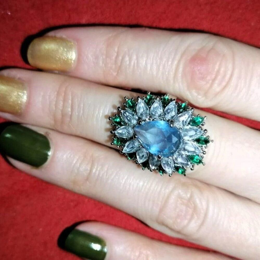 Designer 25mm Pear Cut Blue Water Drop Topaz Flower Ring - Size 6 Size ONE SIZE - 1 Thumbnail