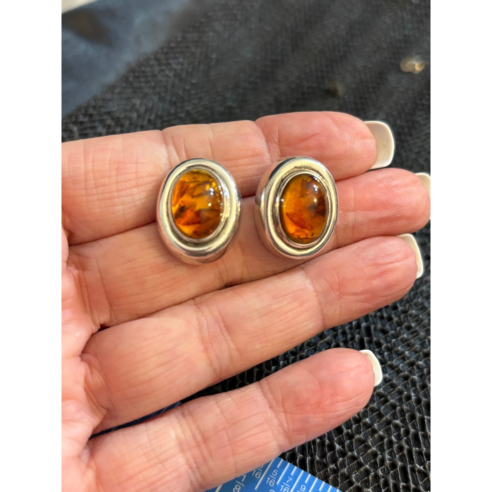 Other Vintage Genuine Amber Sterling Silver Stud Earrings 0.75" Size ONE SIZE - 3 Thumbnail
