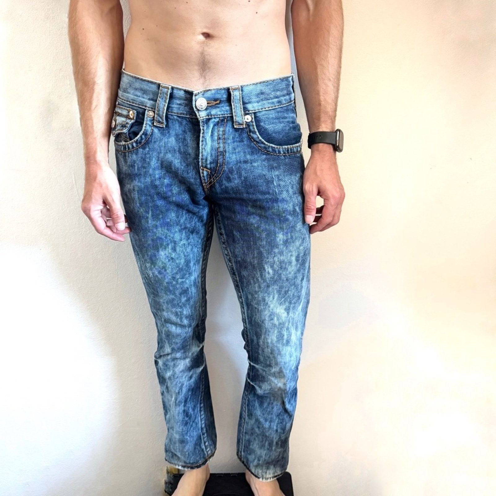 True Religion TRUE RELIGION Blue White Acid Wash Straight Leg Denim Jeans Size US 29 - 1 Thumbnail