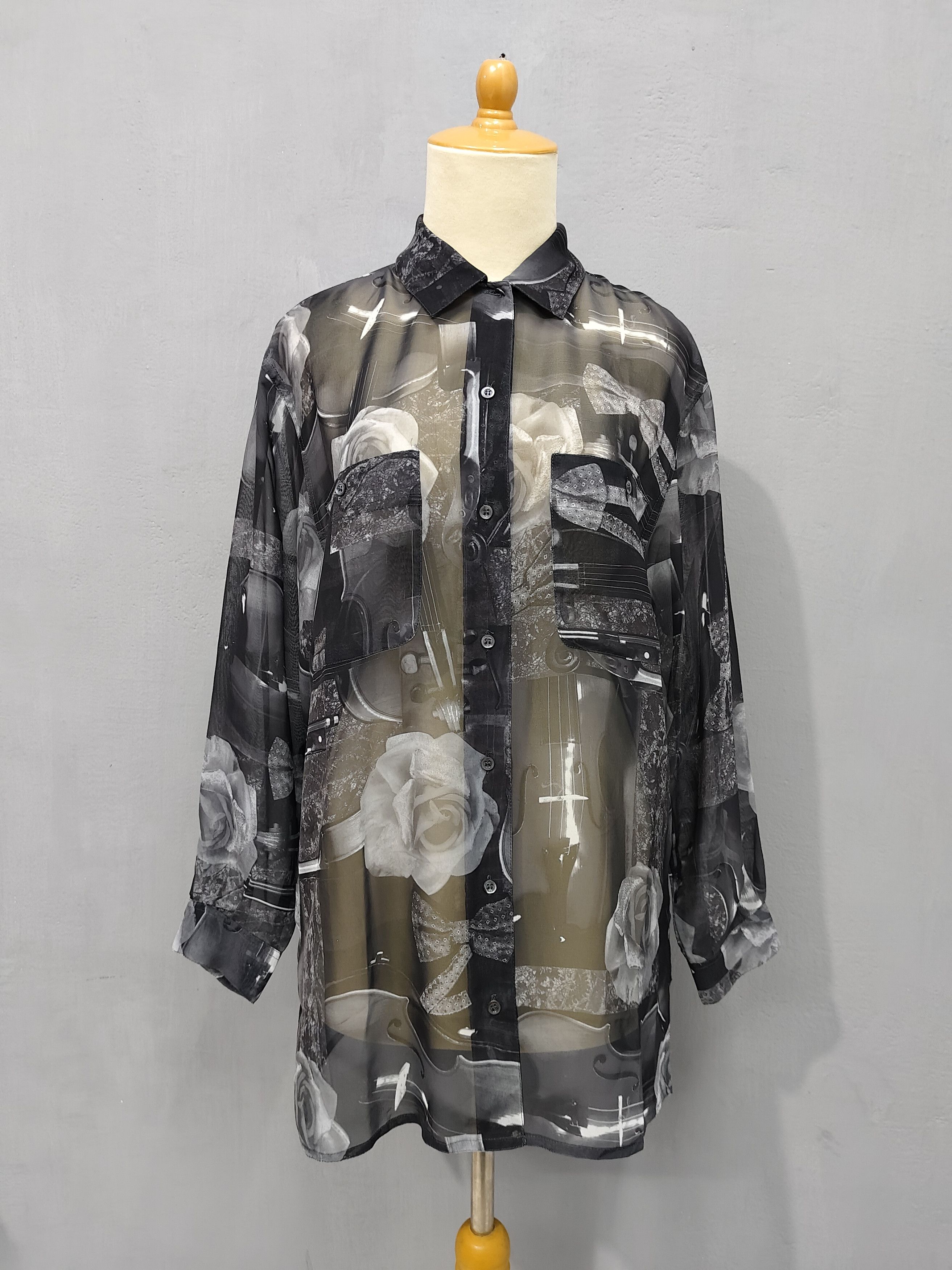 Max Mara DOPE 🇮🇹 Penny Black Roses Musical Art Sheer Blouses Size L / US 10 / IT 46 - 3 Thumbnail