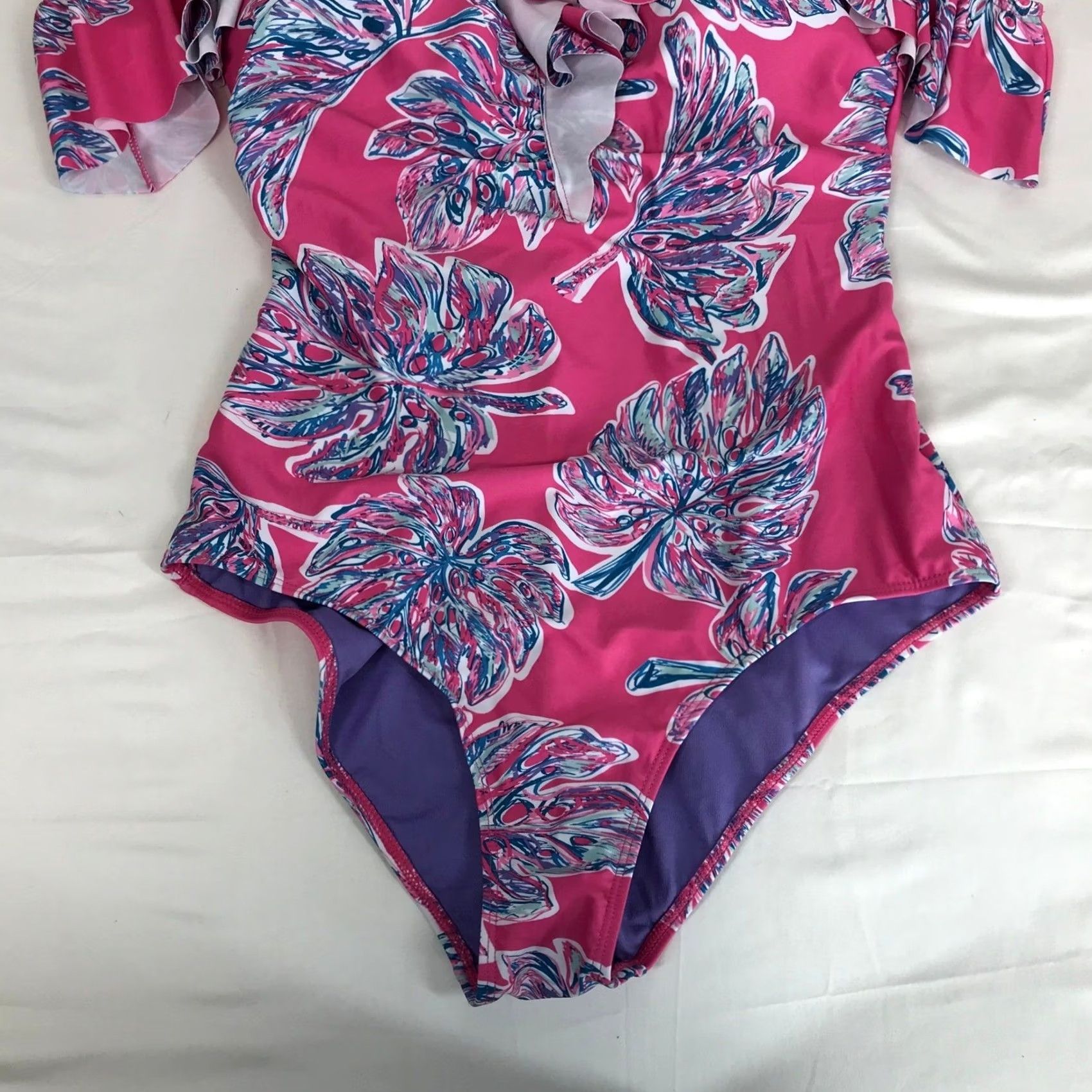 Vintage Marilyn Monroe One Piece Pink Tropical Monstera Leaf Ruffle Spaghetti Strap L Womens Sized XL Size ONE SIZE - 3 Thumbnail