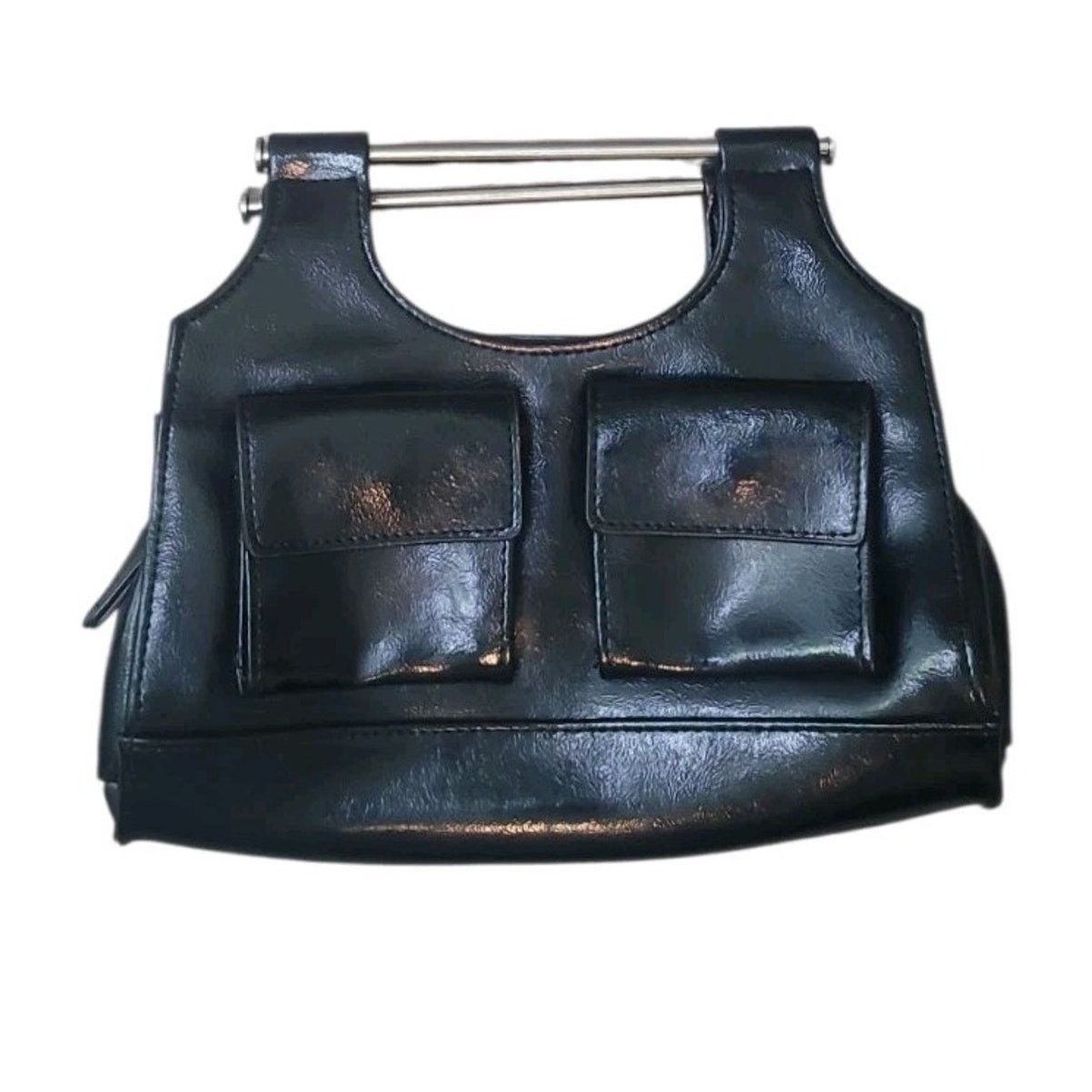 VTG Y2K Xoxo Black Faux Patent Leather Clutch Purse Handbag, Women's