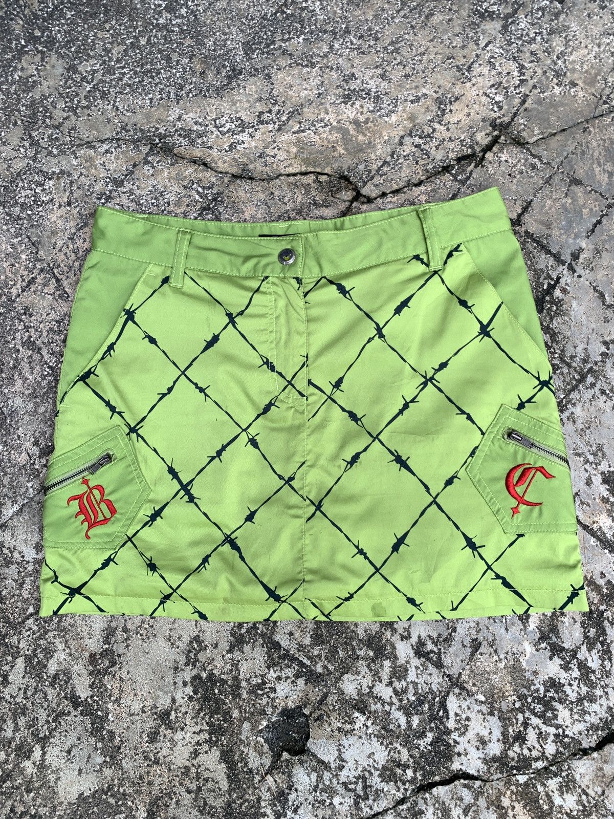 Japanese Brand y2k Blue Cross Japan Spike Fence Neon Green Graphic Skorts Size 29" - 4 Thumbnail