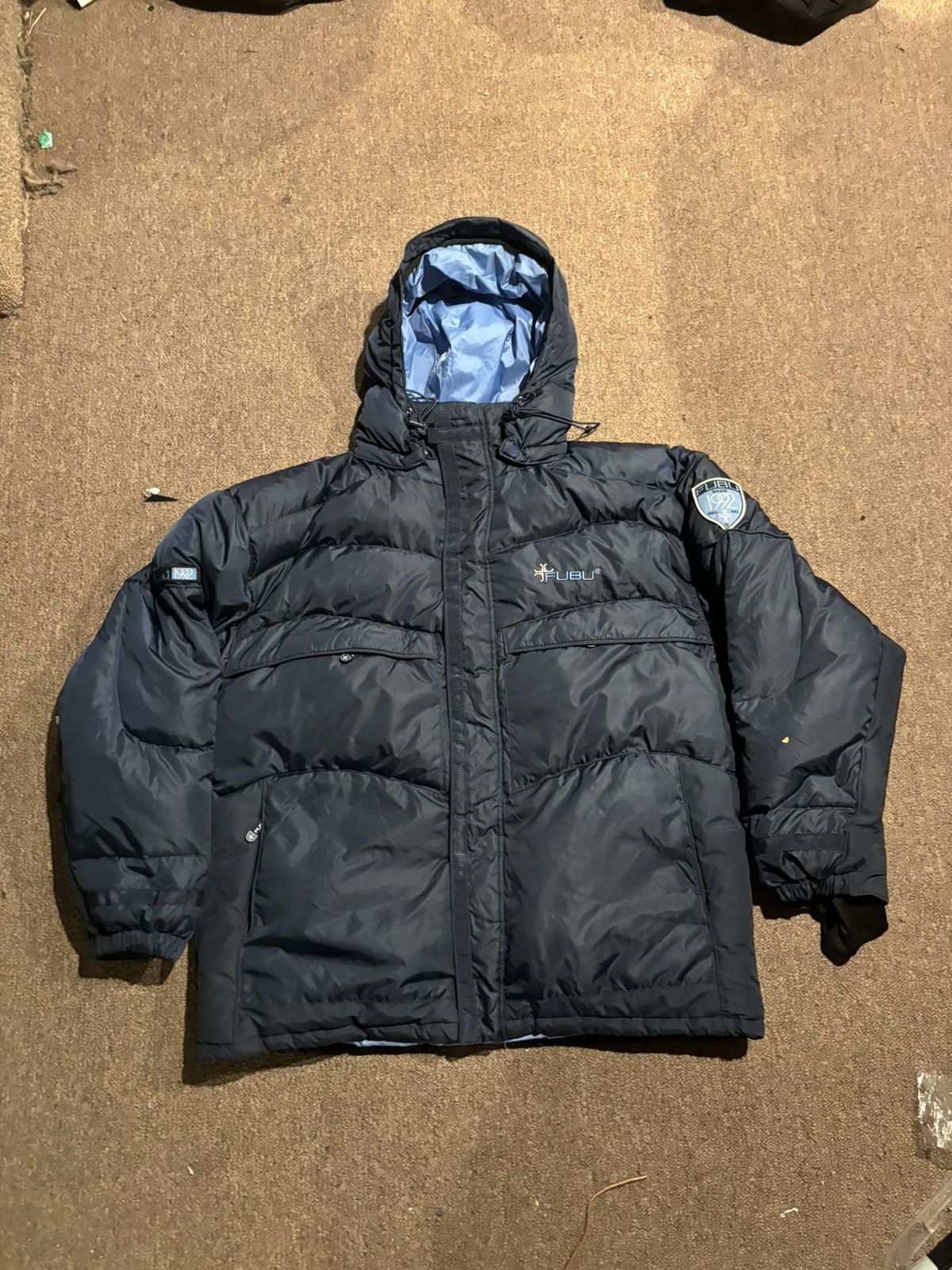 image of Fubu Puffer Winter Hooded Jacket in Blue, Men's (Size 2XL)