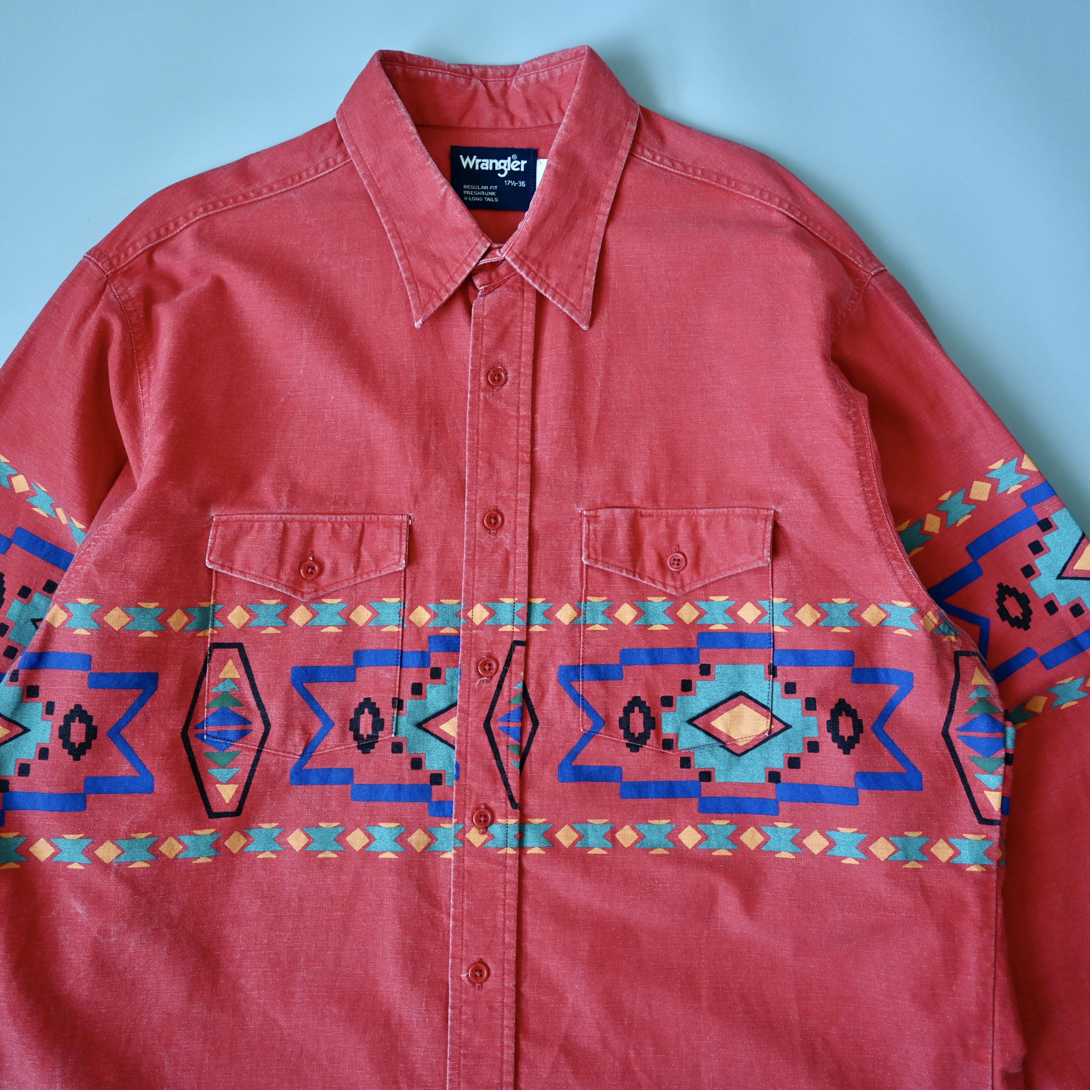 Vintage VTG Wrangler Brushpopper shirt Aztec Navajo poppy red 17.5 Size US XL / EU 56 / 4 - 3 Thumbnail