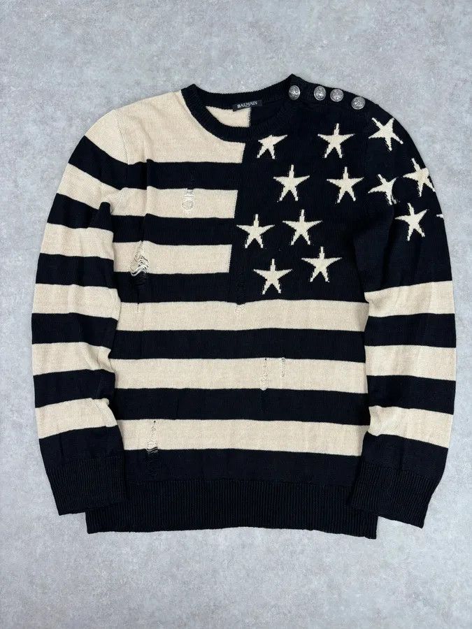 Balmain SS2016 Balmain Black Cream Linen Stars Ripped Sweater Size US L / EU 52-54 / 3 - 1 Thumbnail