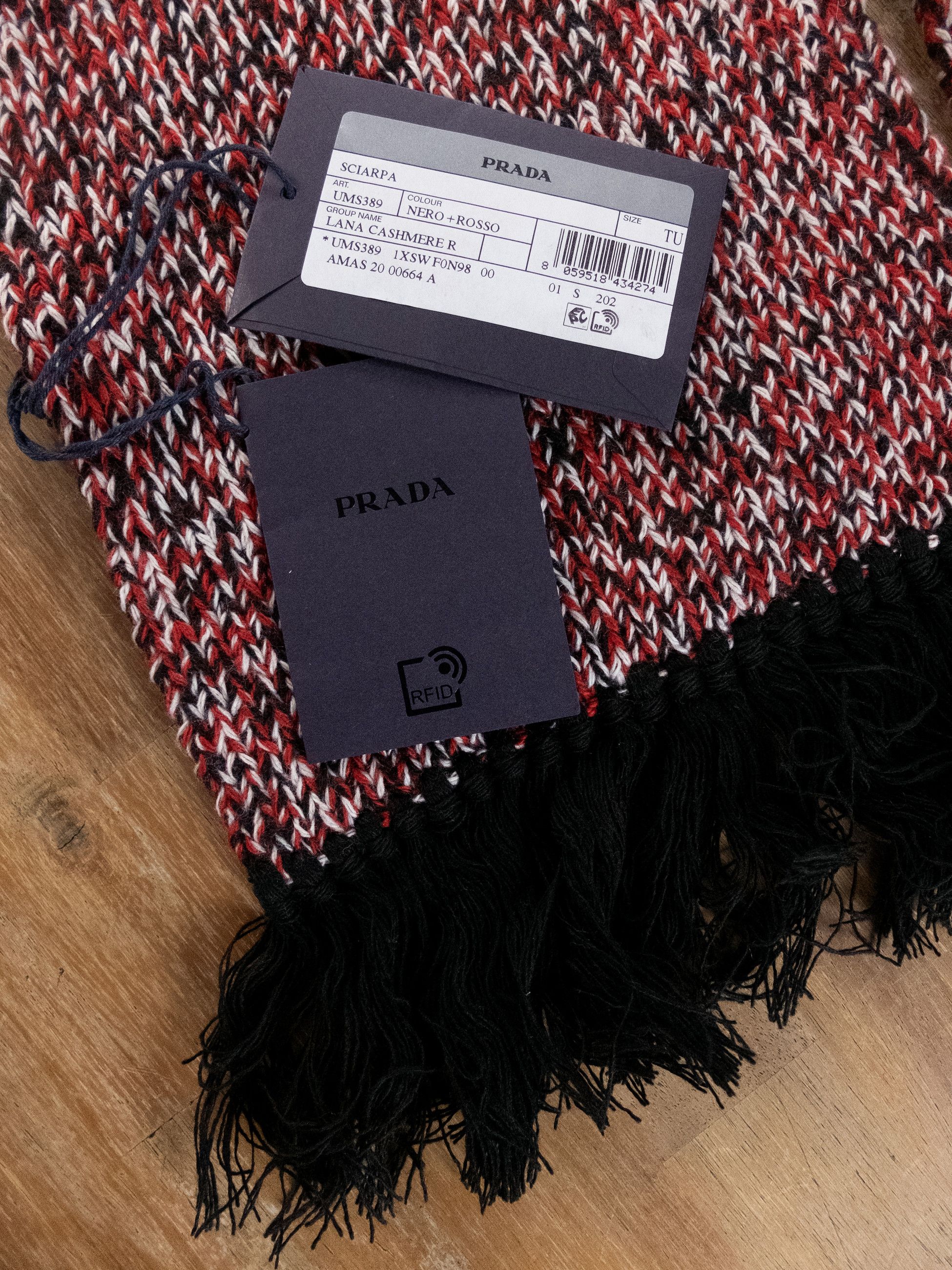Prada PRADA red black white wool cashmere fringe scarf authentic Size ONE SIZE - 4 Thumbnail