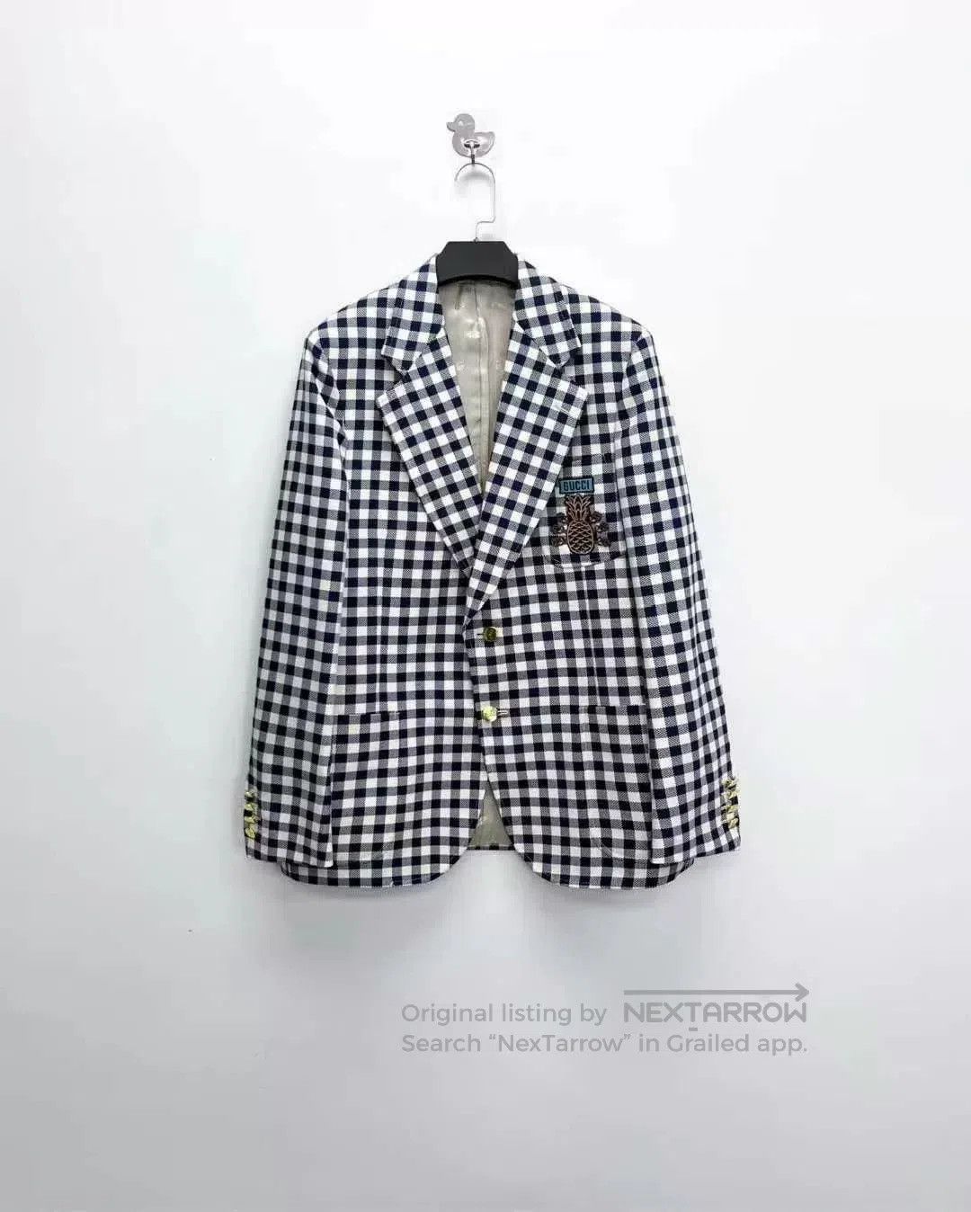 gucci blue and white checkered embroidered jacket.