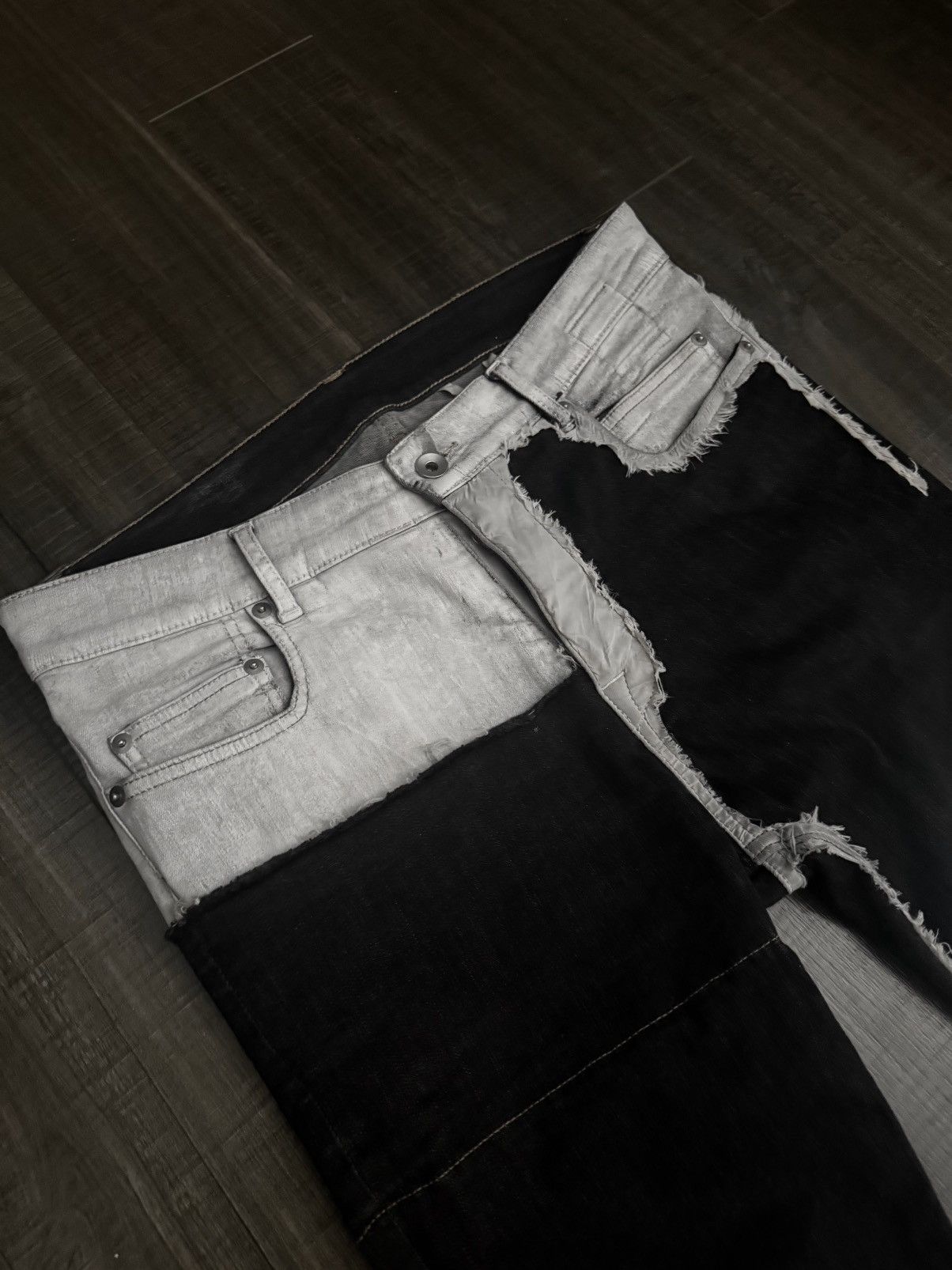 Rick Owens SS20 Rick Owens DRKSHDW Patchwork White Wax Tyrone Cut Denim Size US 31 - 2 Thumbnail