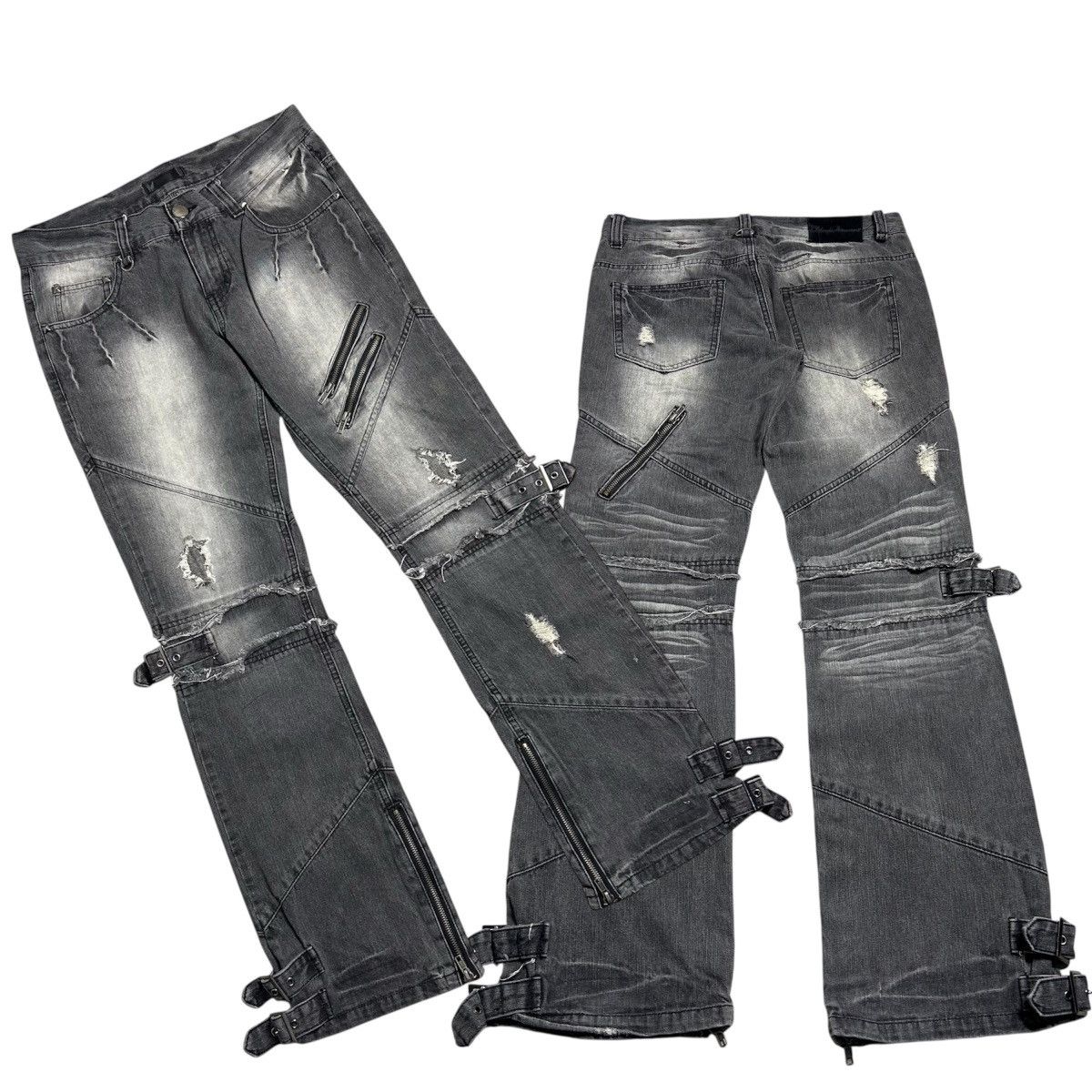 BUFFALO BOBS Black Baccara Multizipper Distressed Bondage Flare Jeans Size US 30 / EU 46 - 2 Thumbnail