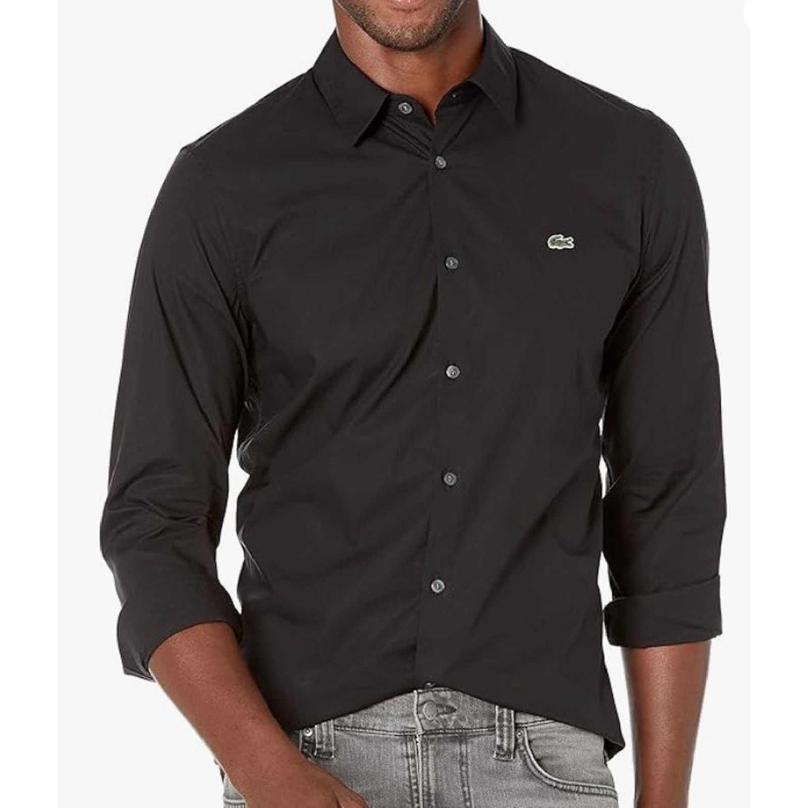 Lacoste Lacoste Mens Long Sleeve Solid Slim Fit Poplin Shirt Black S Size US S / EU 44-46 / 1 - 1 Thumbnail