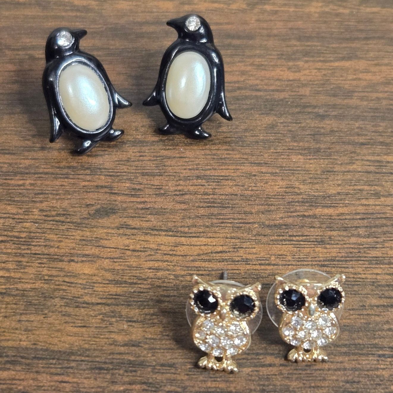 Vintage Gold Tone Owl & Enameled Penguin Studs - Whimsical Bird Size ONE SIZE - 1 Thumbnail
