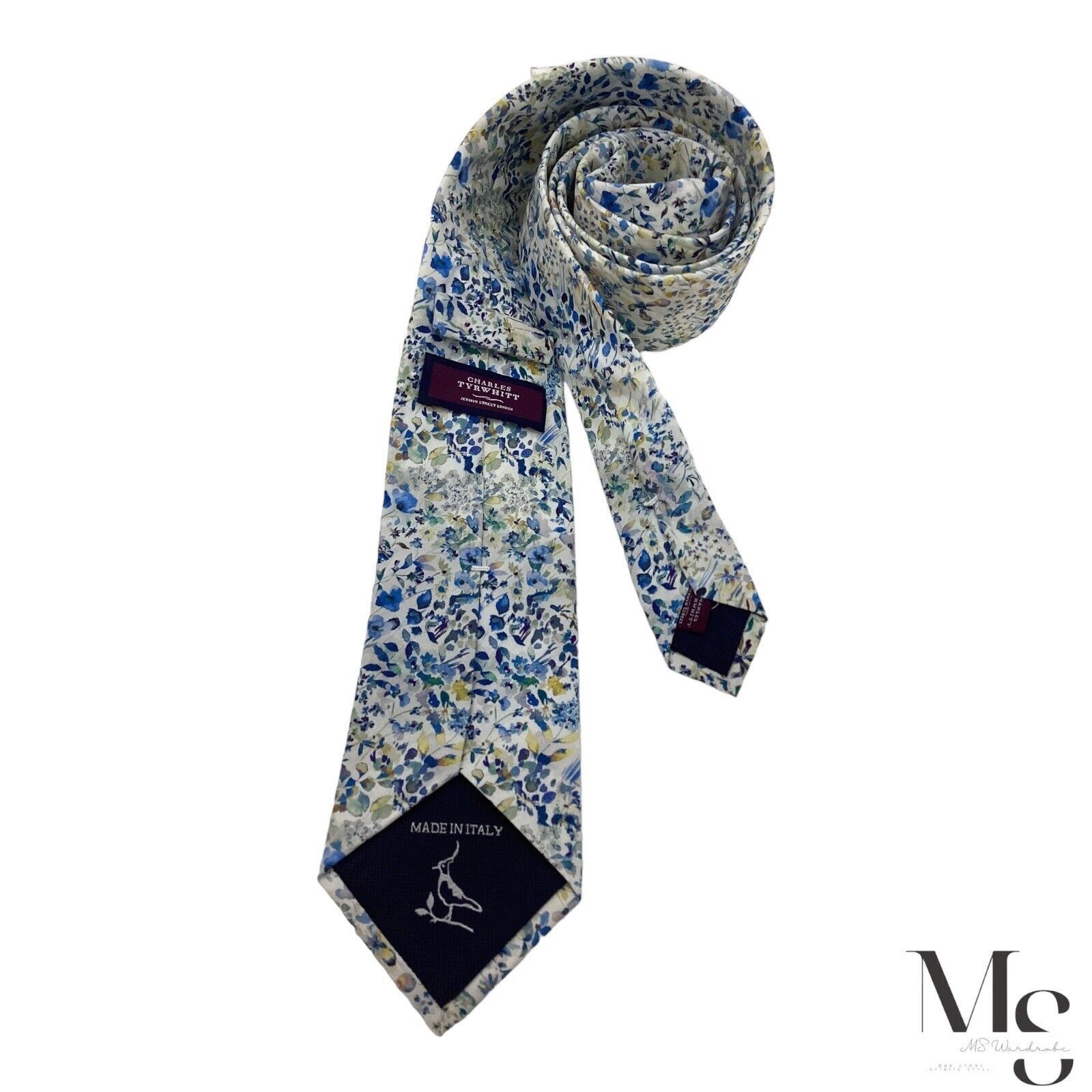 Charles Tyrwhitt CHARLES TYRWHITT Off White & Blue Floral Silk Tie Made Italy Size ONE SIZE - 2 Thumbnail